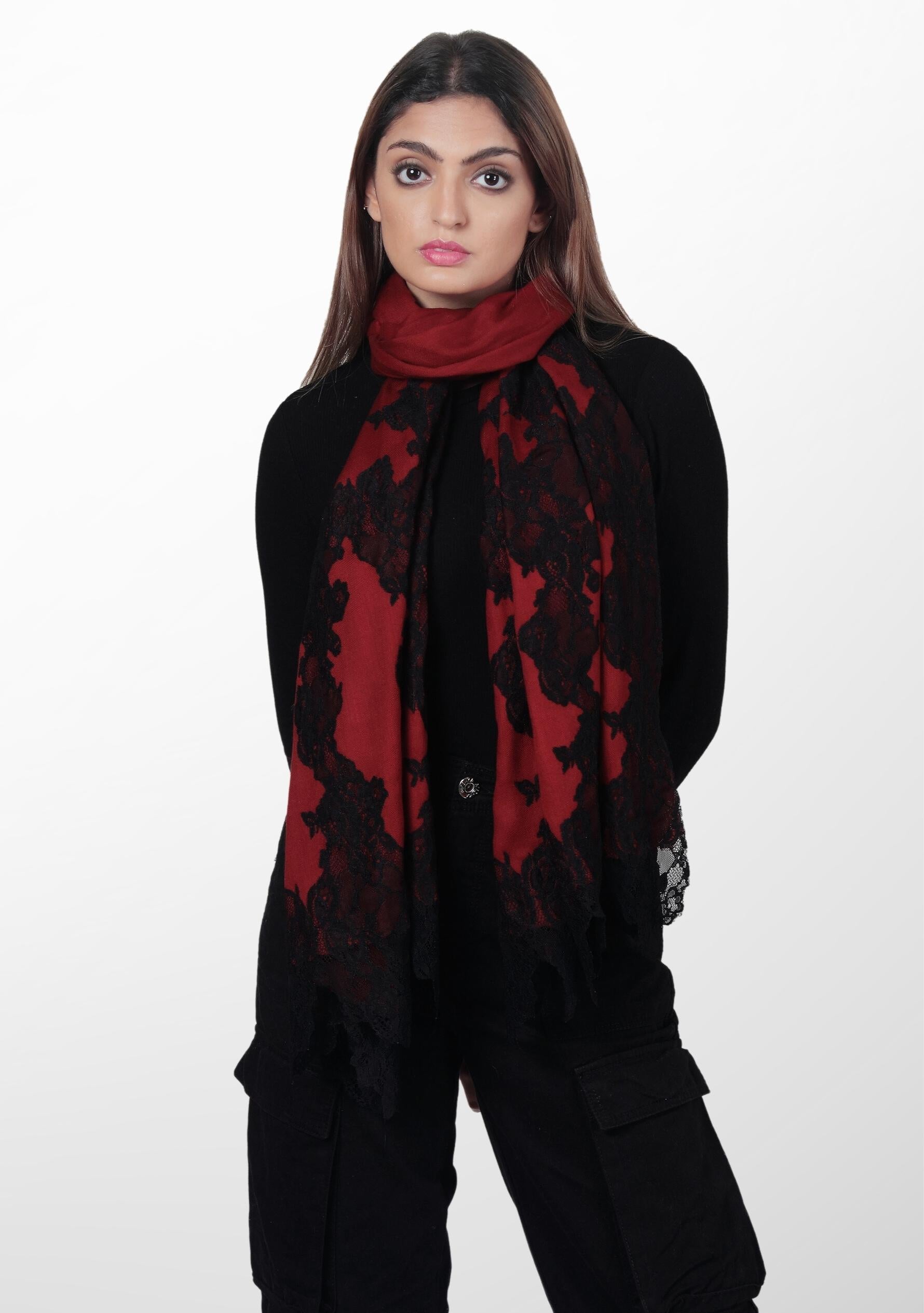 Burgundy Wool and Silk Scarf with Black Floral Lace | Maneesha Ruia