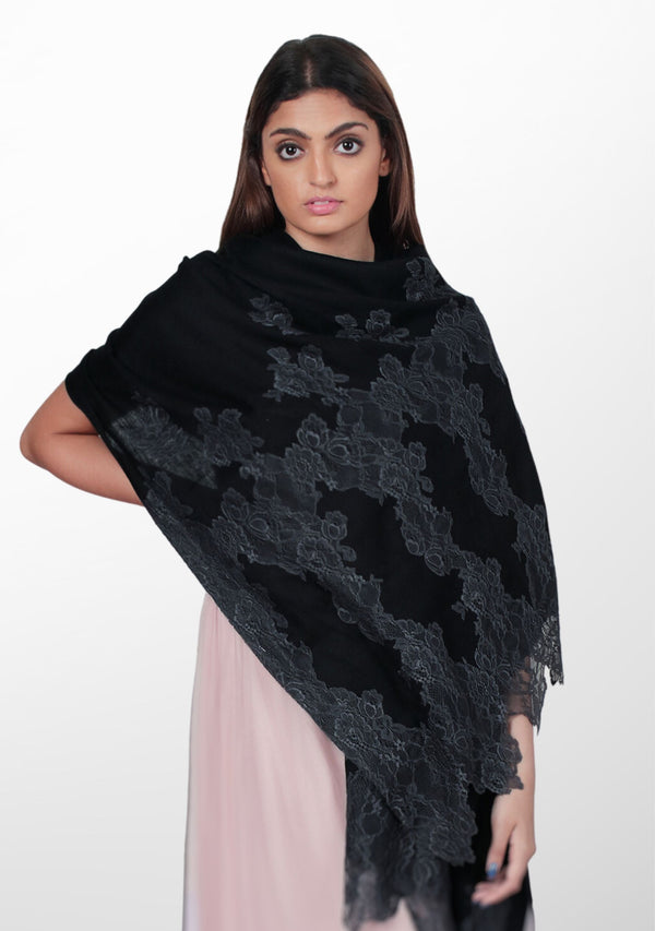 Black Wool and Silk Scarf with Charcoal Floral Lace