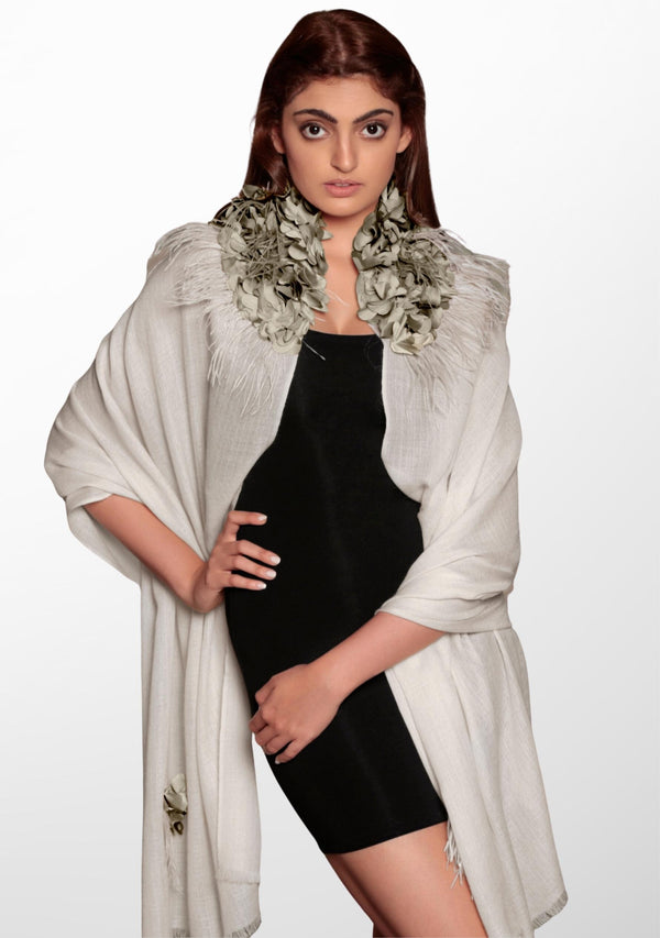 Stone Cashmere Scarf with a Dk. Stone Feather and Stone Satin Leaf Collar and Appliques