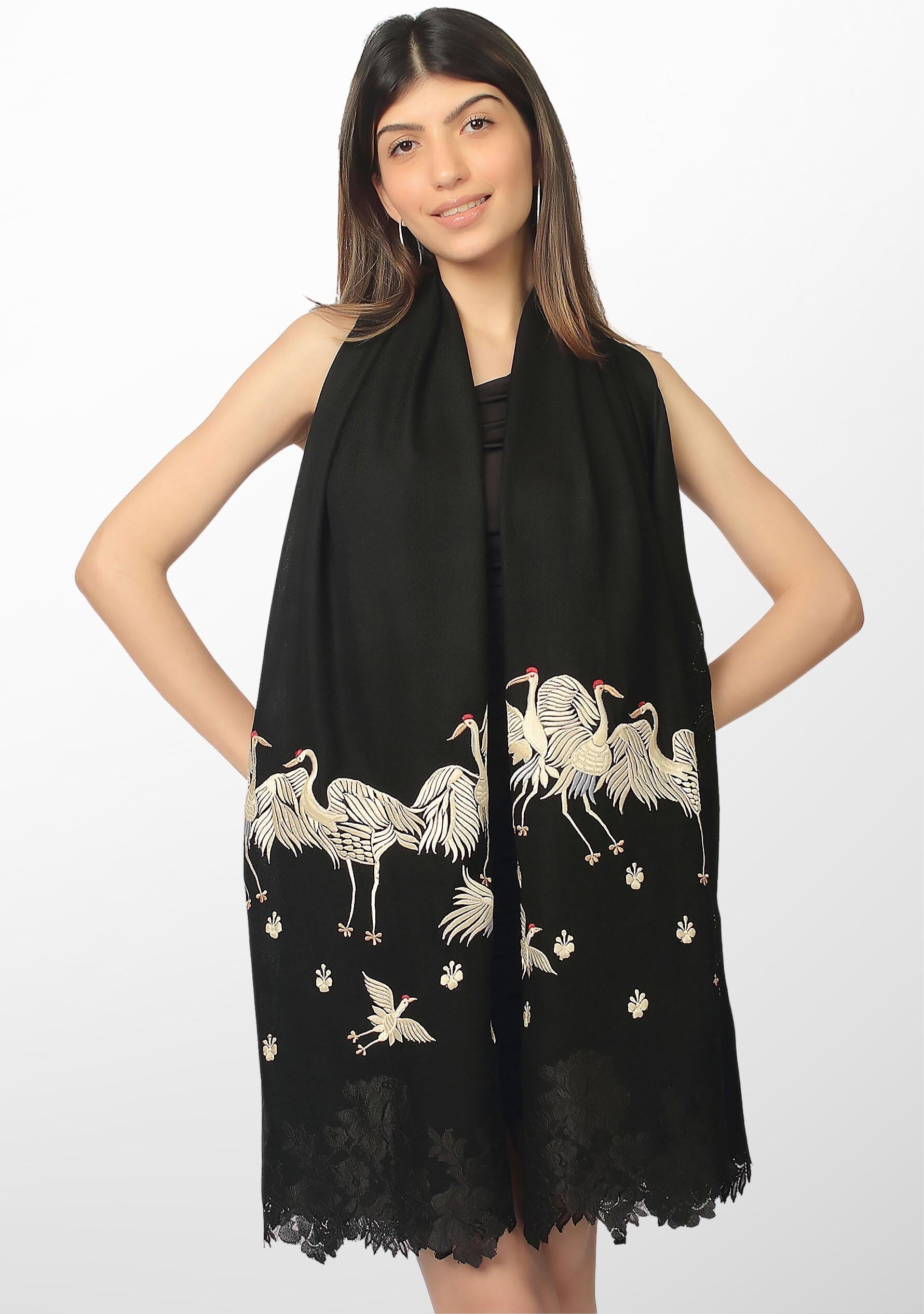 Black Cashmere Scarf with Beige Embroidery and Black Chantilly Lace Pallas