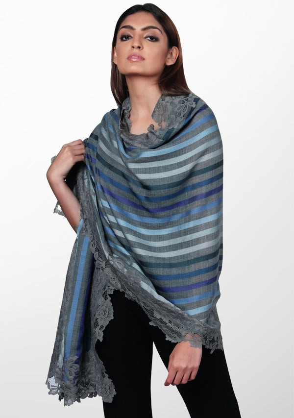Grey Wool and Silk Multi-Blue Striped Scarf with Grey Floral Lace Border