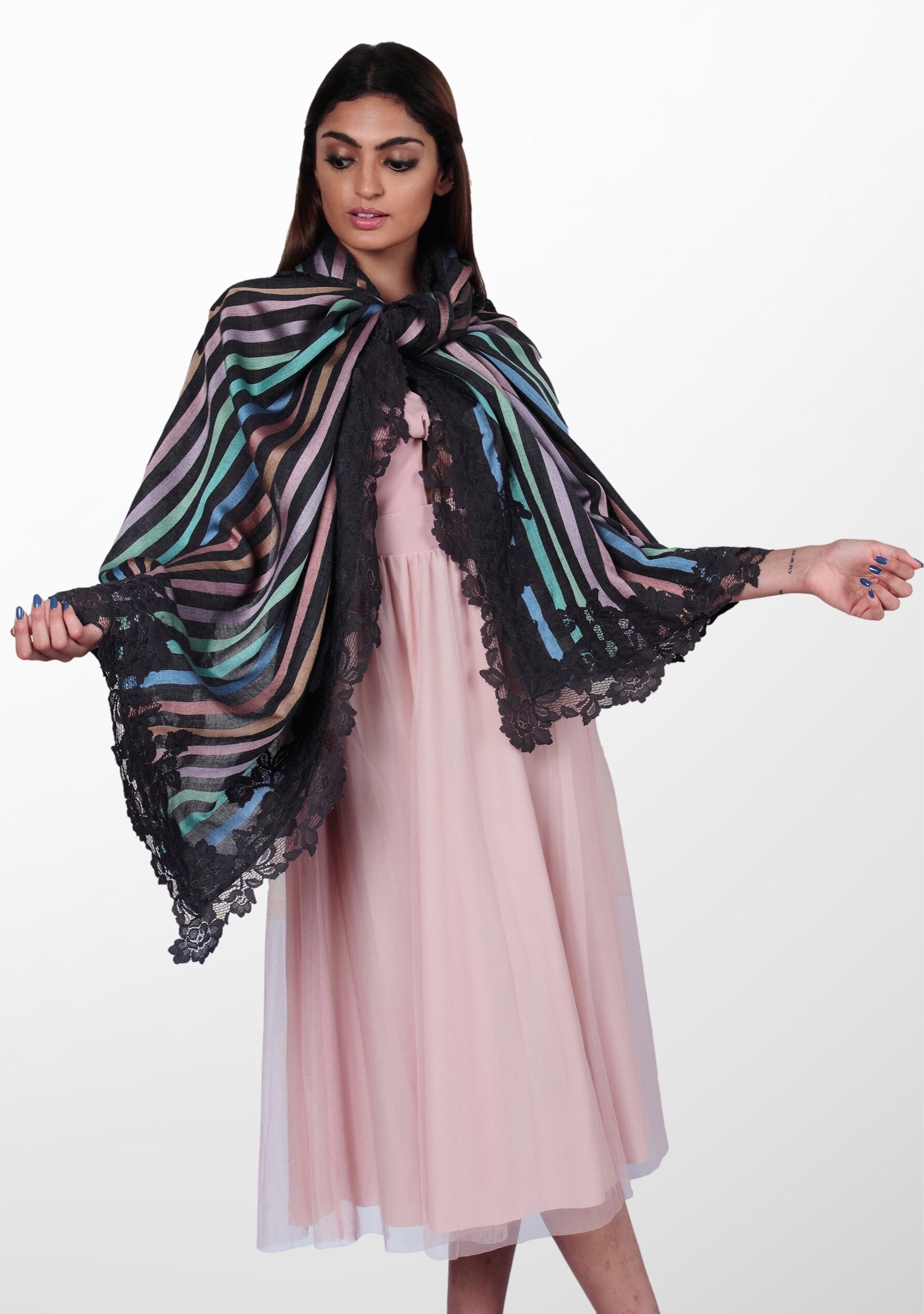 Charcoal Pastel Wool and Silk Multi-Pastel Striped Scarf with Charcoal Floral Lace Border