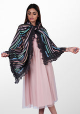 Charcoal Pastel Wool and Silk Multi-Pastel Striped Scarf with Charcoal Floral Lace Border