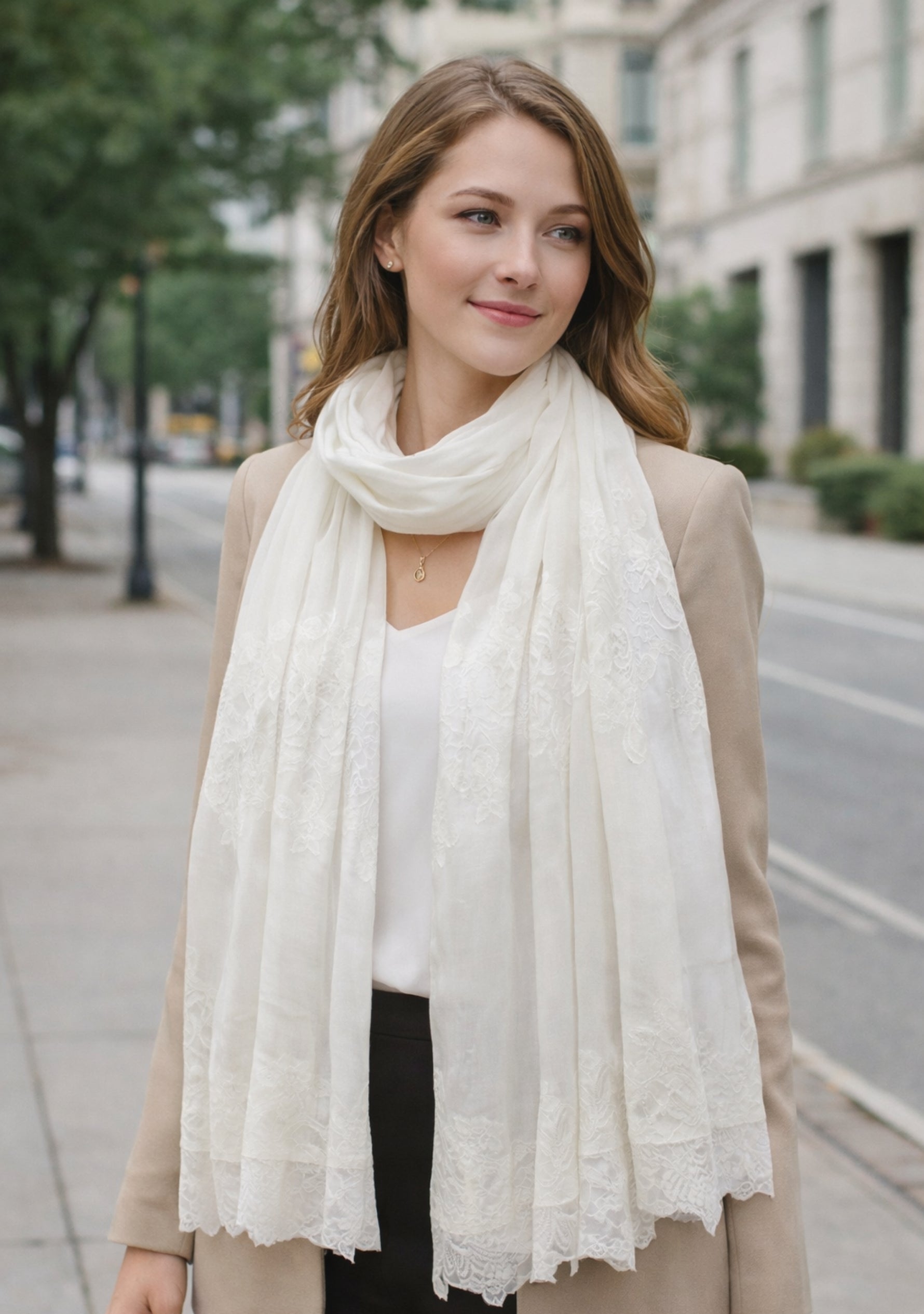 Ivory Modal & Silk Scarf Ivory Lace Panels