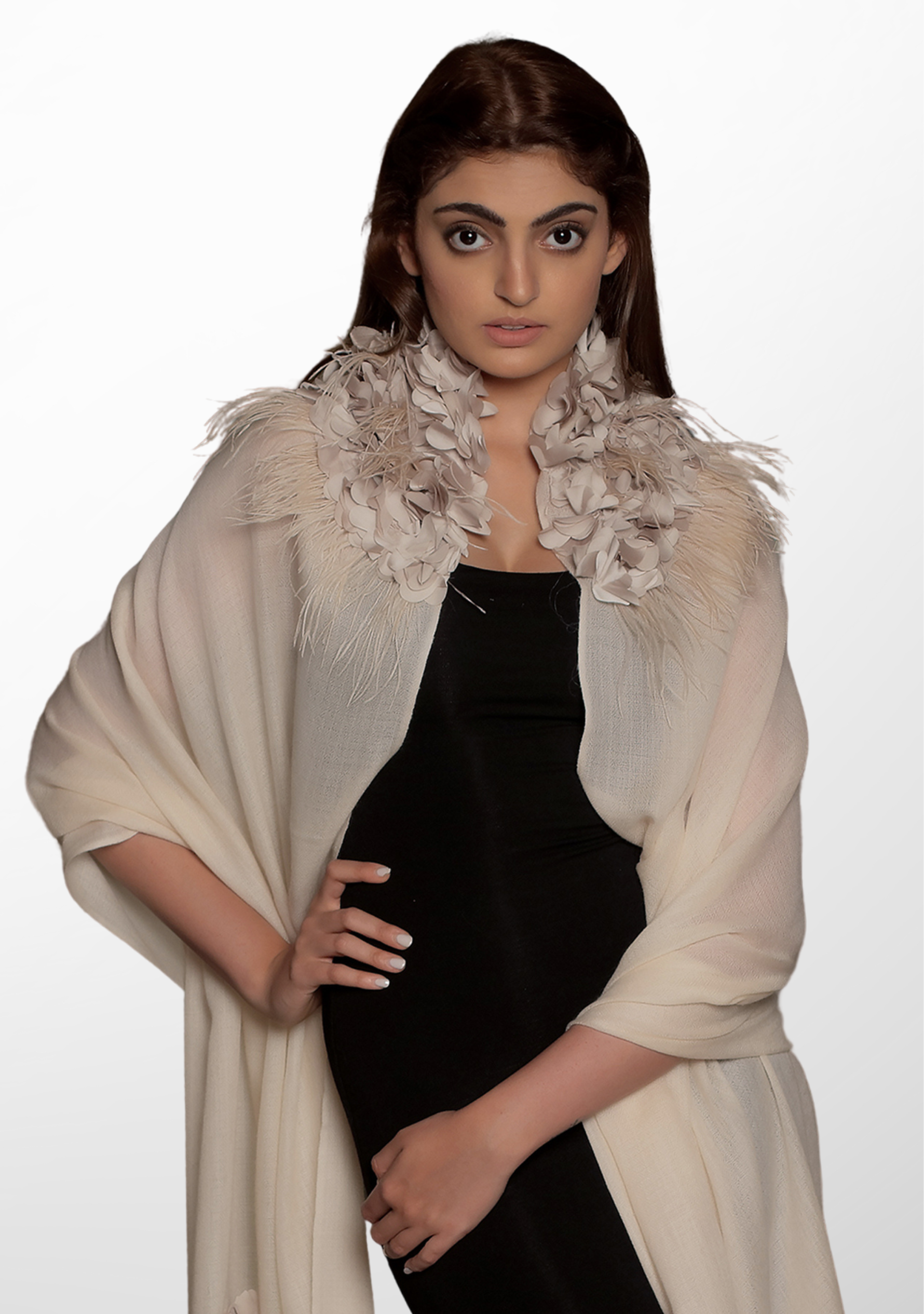 Beige Cashmere Scarf with a Beige Feather and Beige Satin Leaf Collar and Appliques