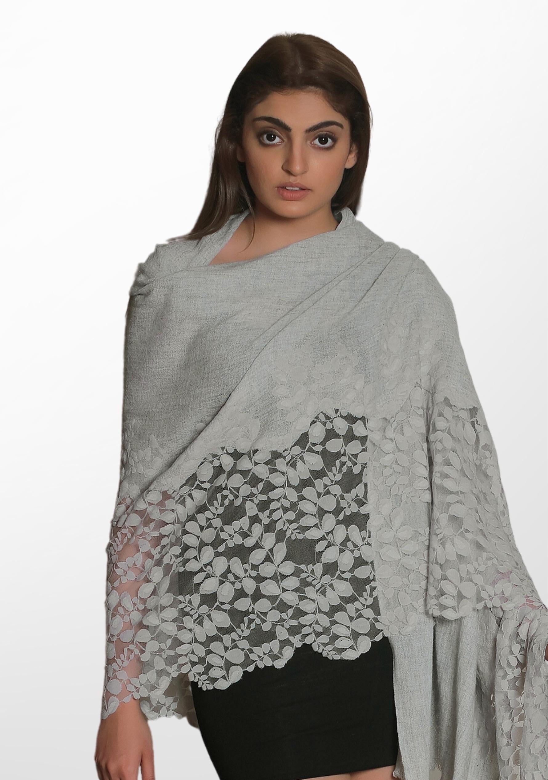 Grey Melange Wool Scarf with a Grey Bold Leaf Lace