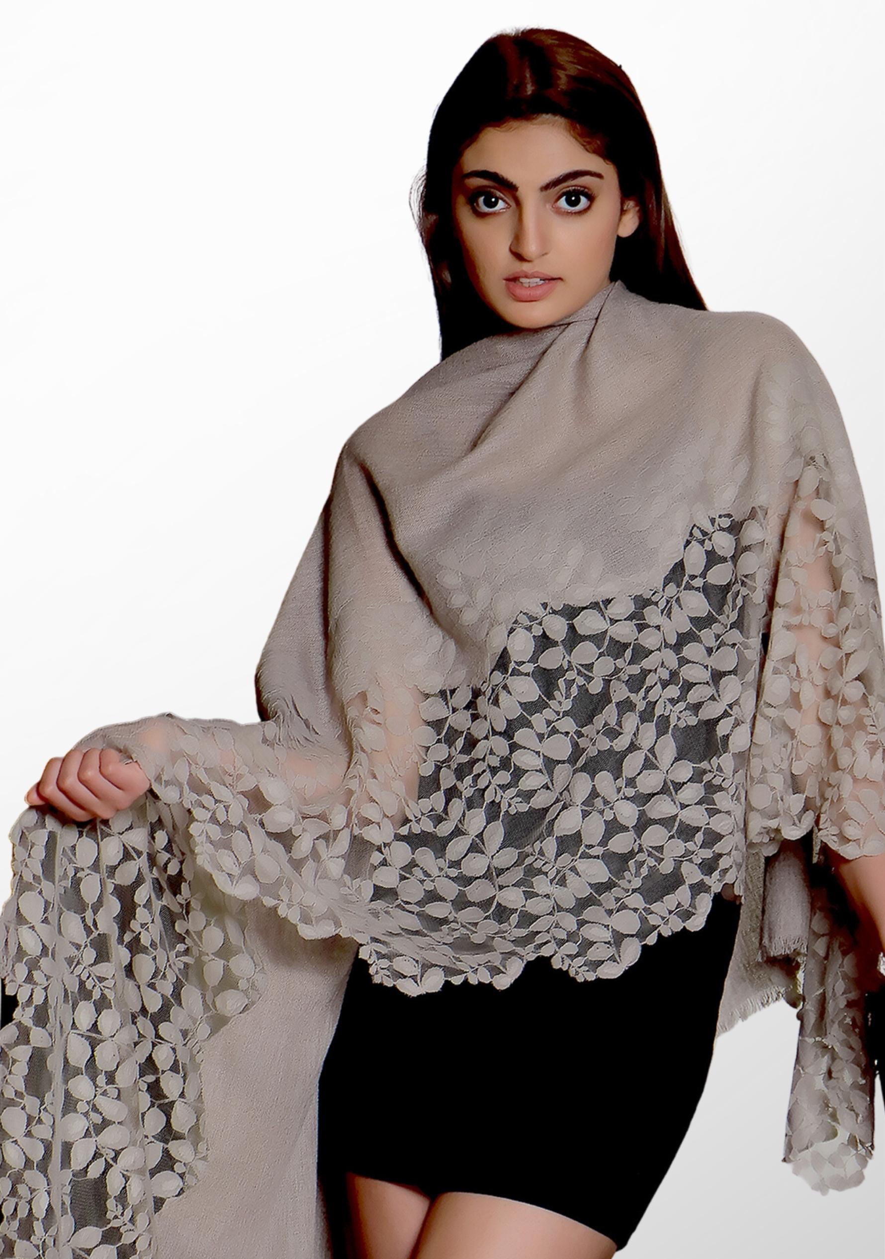 Natural Melange Wool Scarf with a Natural Bold Leaf Lace