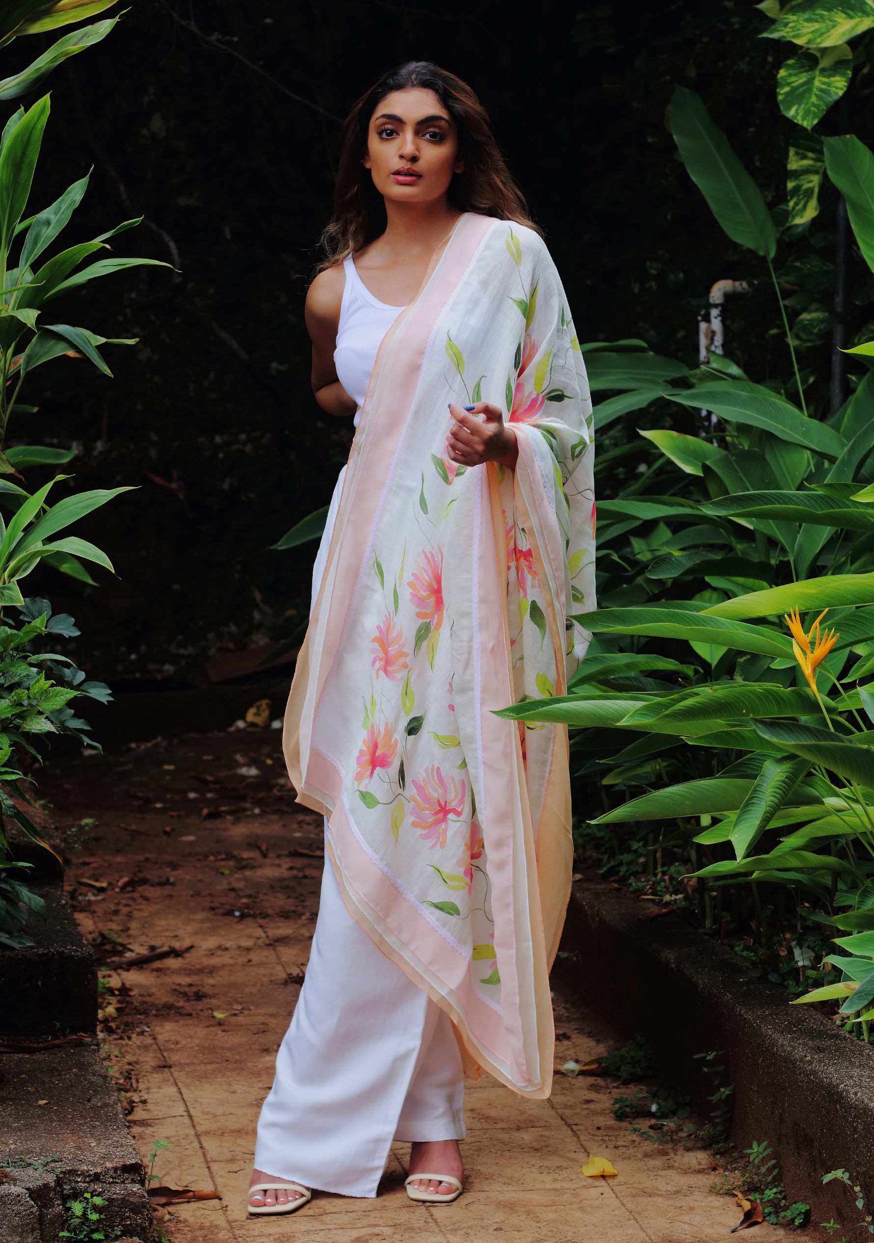 Ivory Linen & Modal Scarf 
Hand-Painted, Frill & Lace