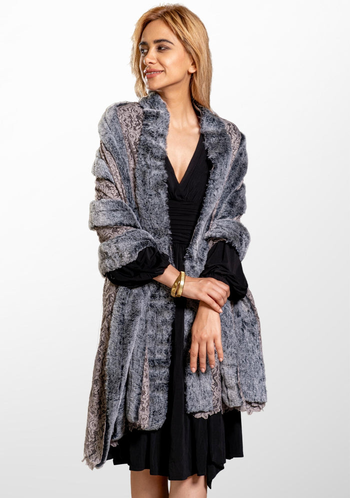 Gray Floral Lace ScarfTwo-Tone Gray Faux Fur