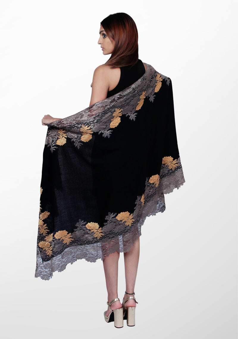Black Wool and Silk Scarf with Antique Silver and Dk. Gold Double-Color Floral Lace Border