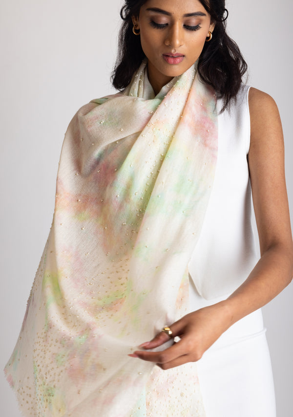 Multi-Pastel Cashmere Scarf with Ivory Pearls