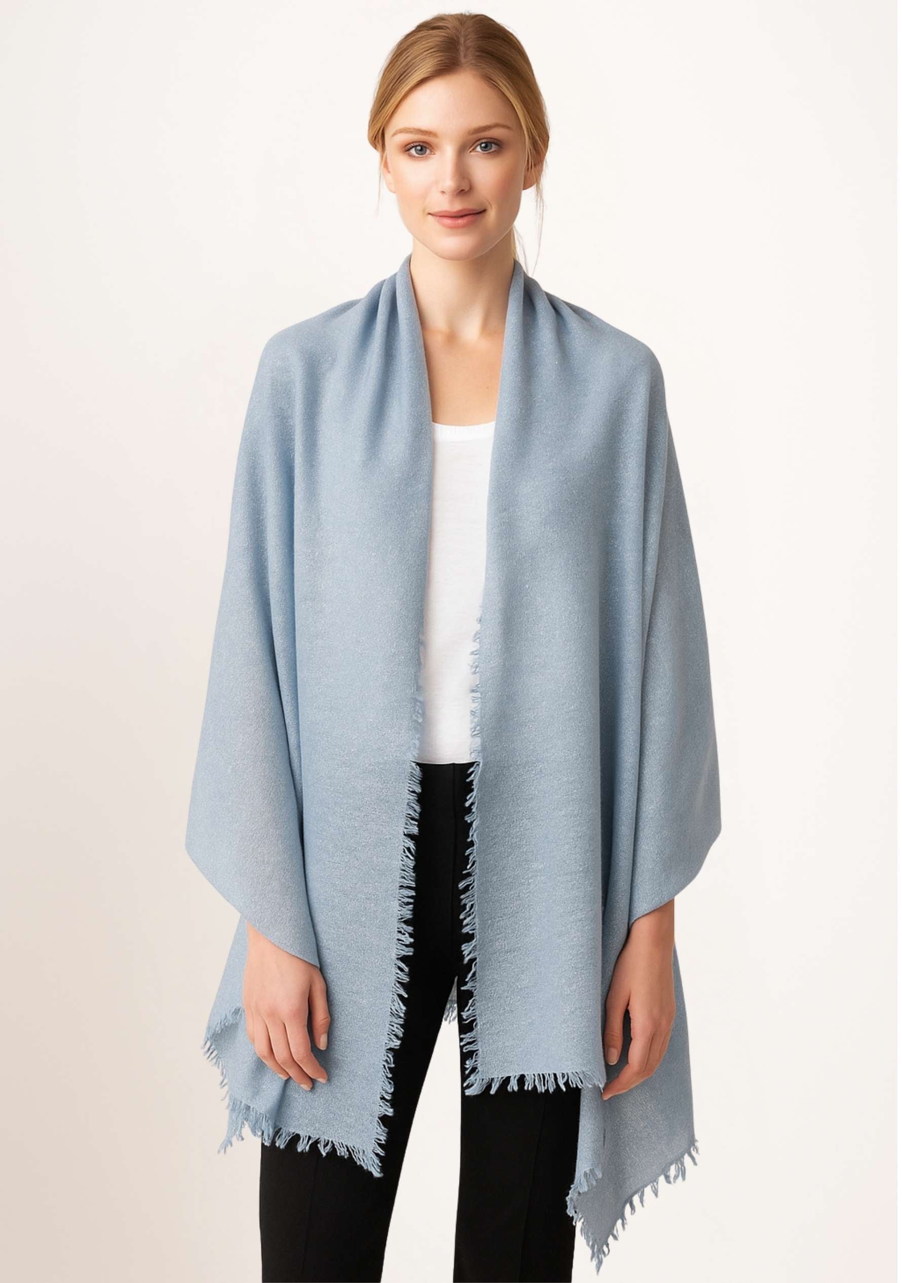 Lt. Blue Knitted Fine Wool & Cashmere Wrap Silver Lurex