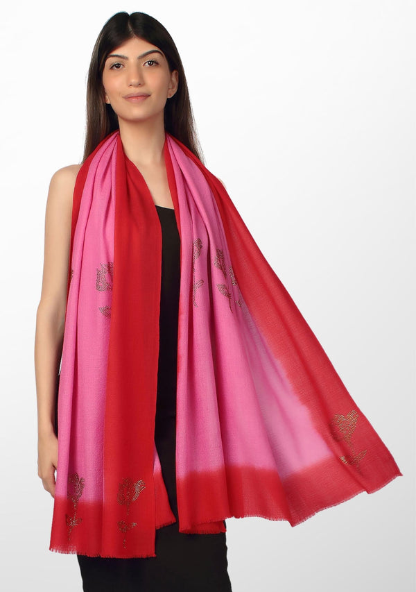 Fuchsia Cashmere Scarf with Red Tie-Dye Border and Gold Crystal Floral Motifs