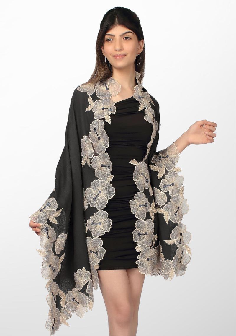 Charcoal Cashmere Scarf with Beige Hibiscus Floral Embroidery Border
