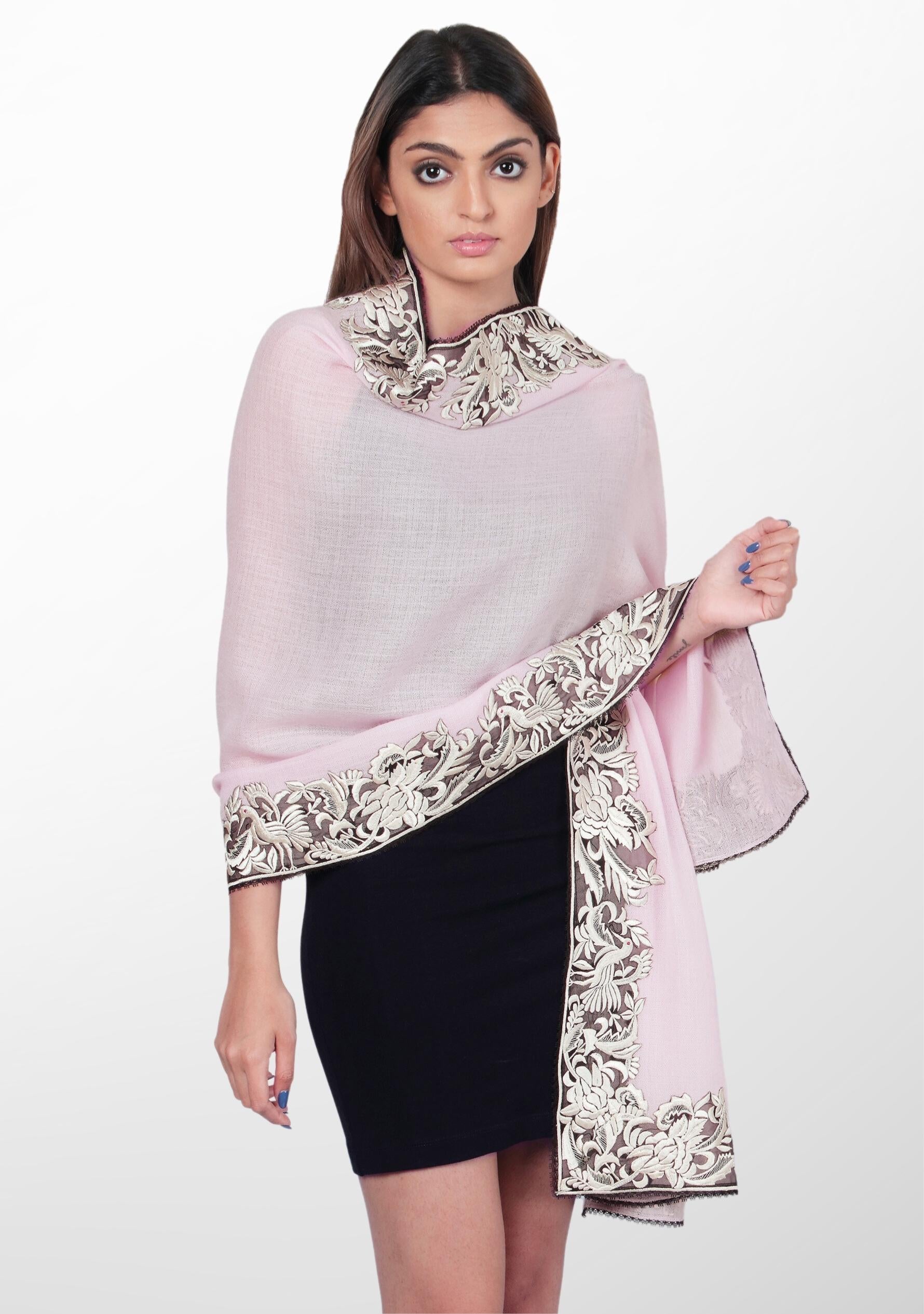 Baby Pink Cashmere Scarf with a Beige Border Embroidery and Black Lace Edging