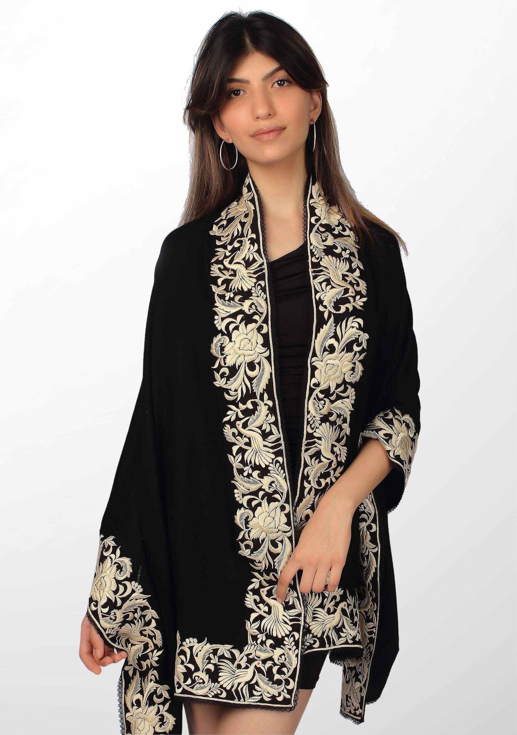 Black Cashmere Scarf with a Beige Border Embroidery and Black Lace Edging