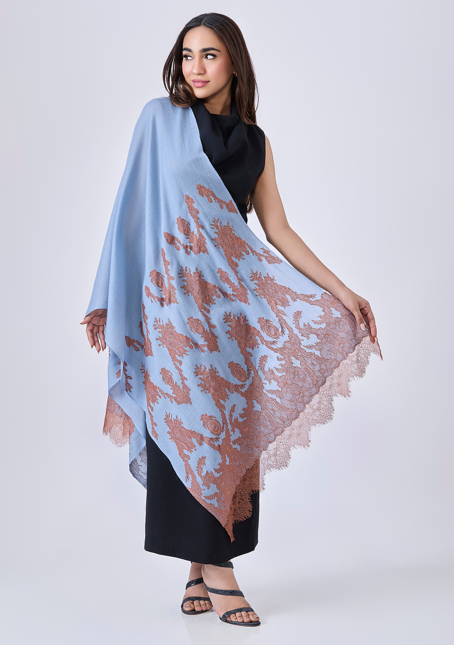 Steel Blue Cashmere Scarf Mocha Mousse Lace