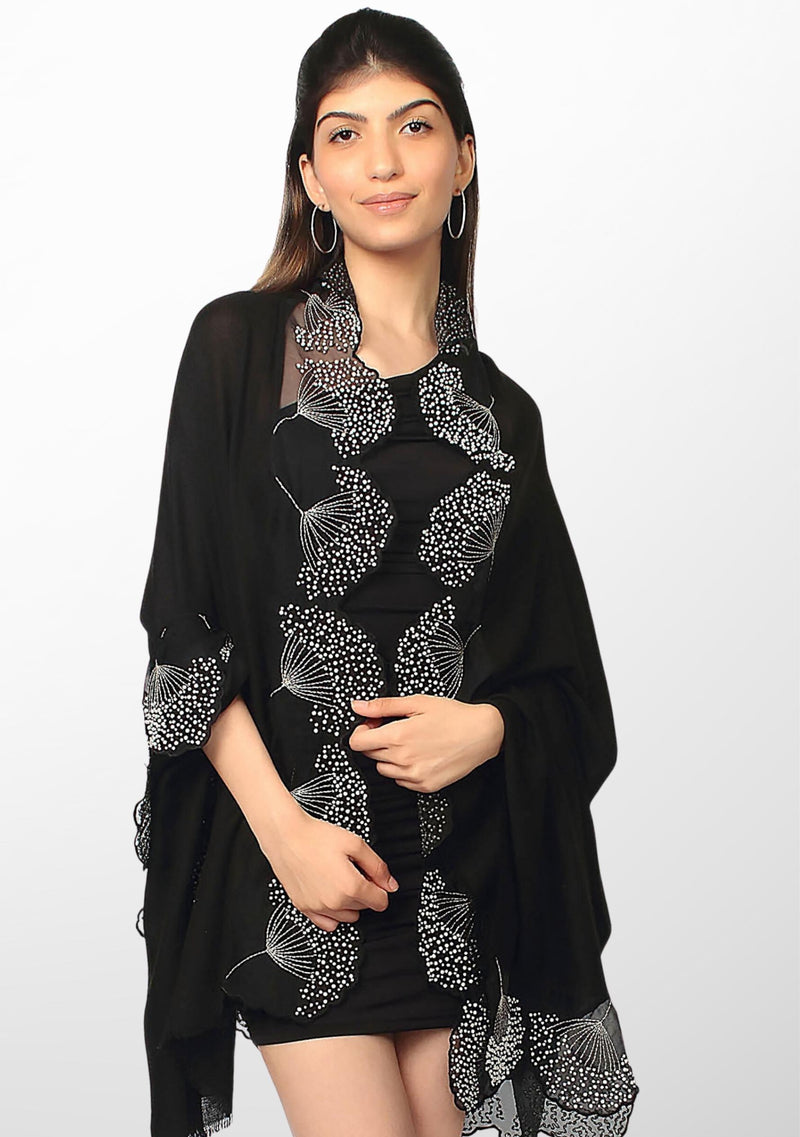 Black Cashmere Scarf with Ivory Pearl Embroidered Panels
