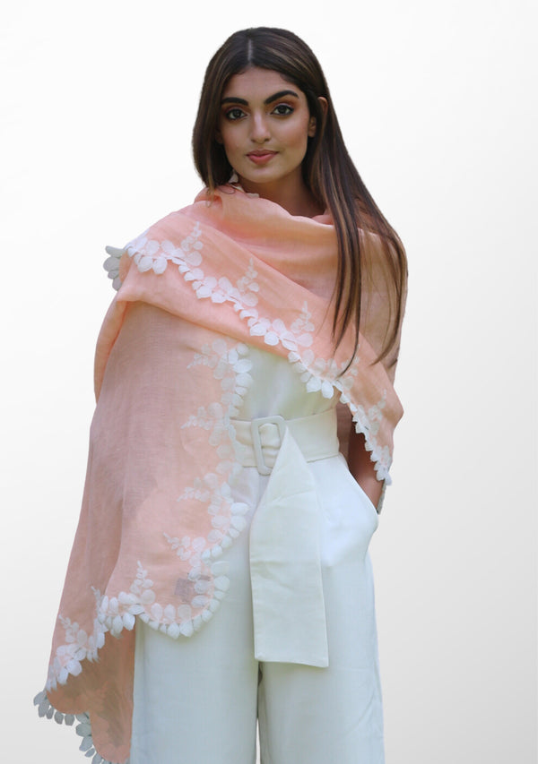 Light Peach Linen and Modal Scarf with an Ivory Scalloped Lace Border