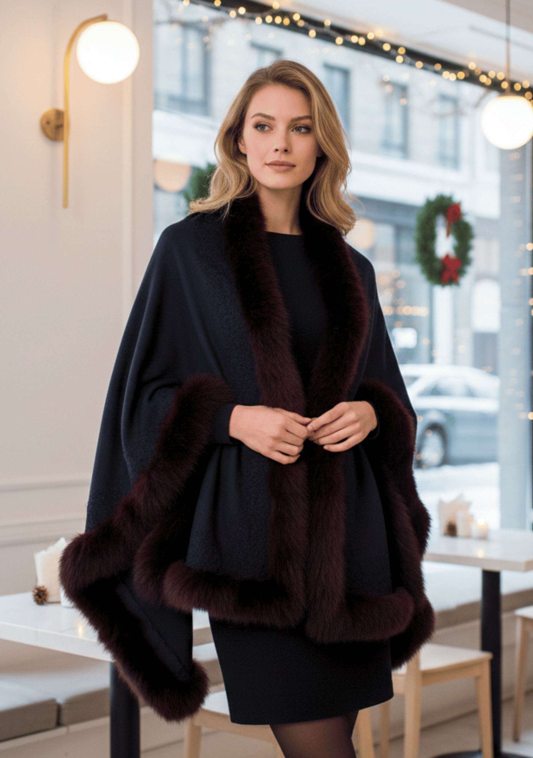 Black Cashmere wrap Brown, Fox Fur & Black Floral Lace