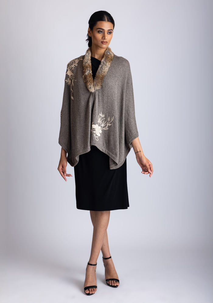 Khaki Melange Wool Cape Beige Embroidery & Natural Fur