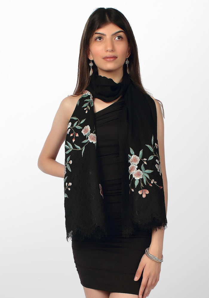 Black Cashmere Scarf Multi-colored Embroidery & Black Lace