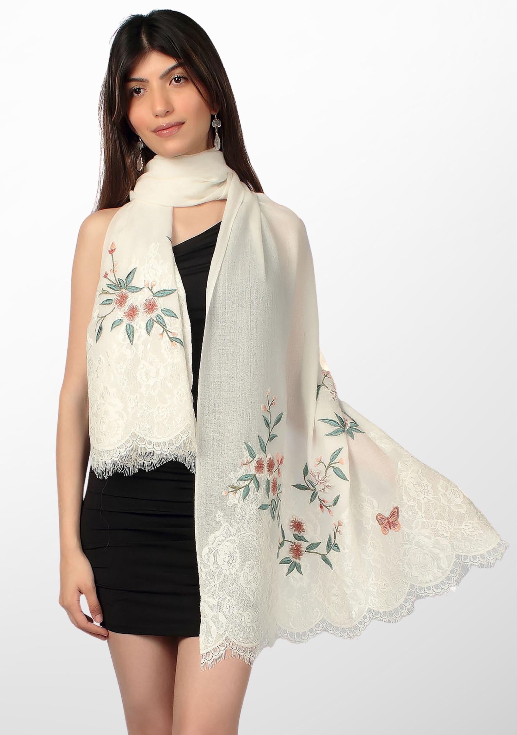 Ivory Cashmere Scarf with Multi-colored Embroidery and Ivory Filigree Lace Pallas