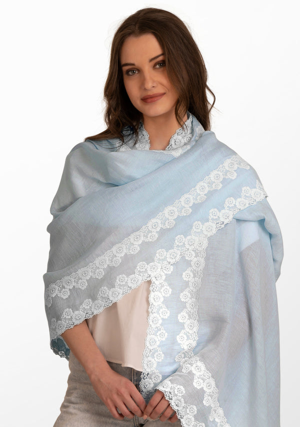 Lt. Blue Linen and Modal Scarf with a Double White Lace Border