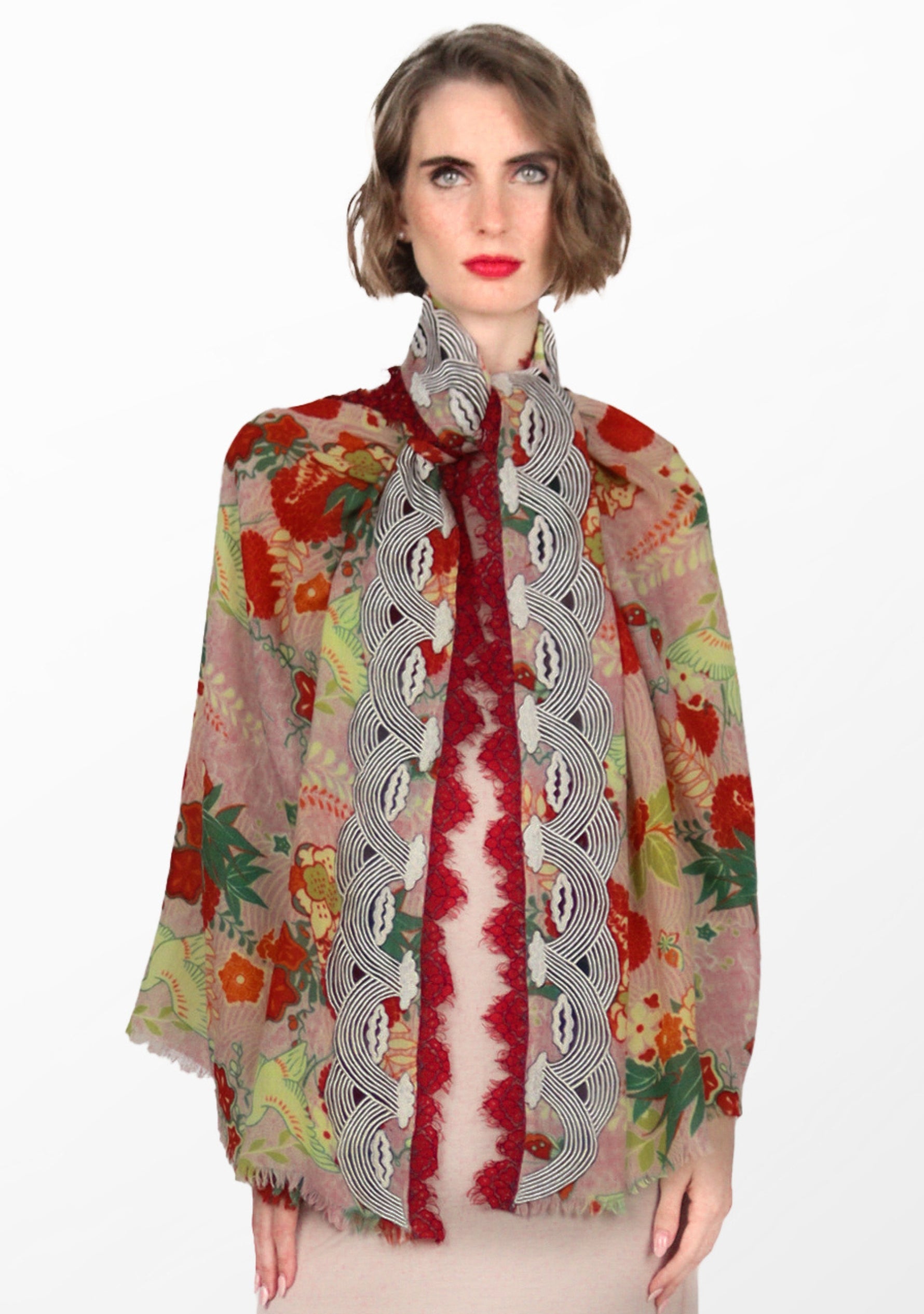 Crane Printed Wool and Silk Scarf with Cloud Embroidery & Red-Grey Filigree Lace