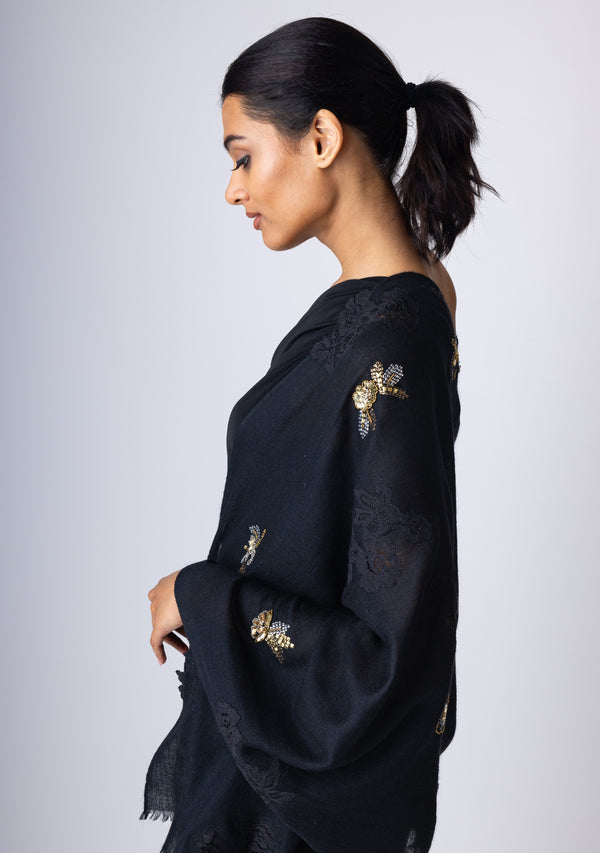 Black Cashmere Scarf with Metalic Hand-Embroidery and Black Floral Lace Appliques