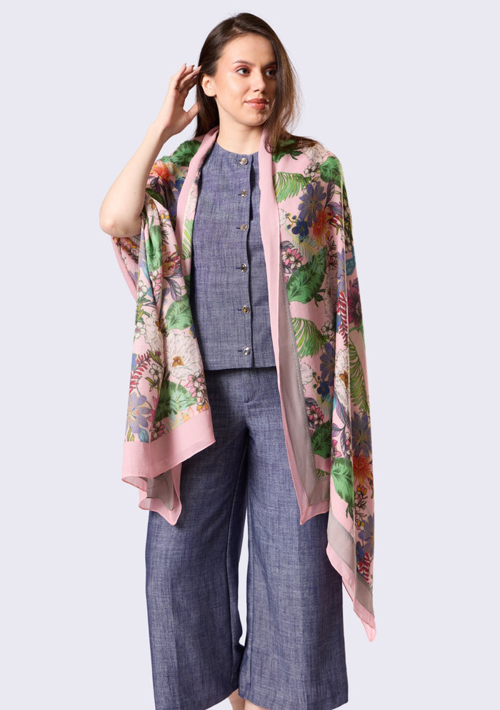 Pink Botanical Print Wool & Silk Scarf Pink & Mousse Double Georgette Border