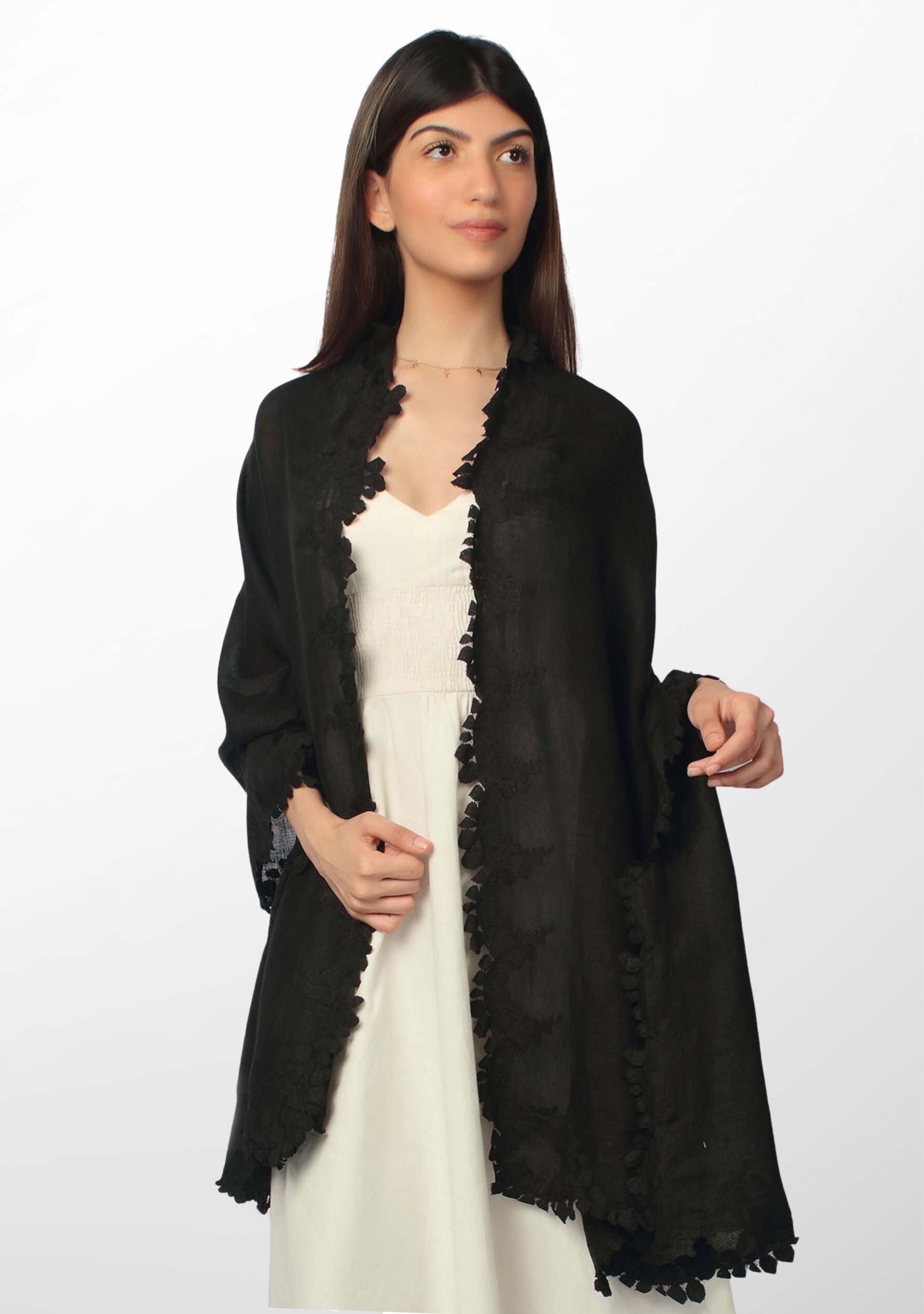 Black Linen and Modal Scarf with a Black Scalloped Lace Border