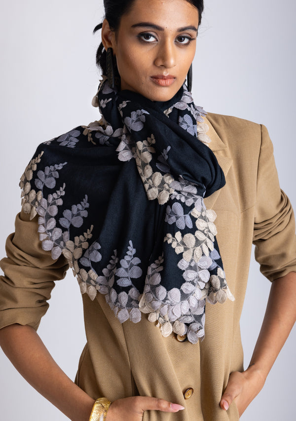 Black Wool and Silk Scarf with Mousse, Dk. Grey and Natural Triple Scalloped Lace Border