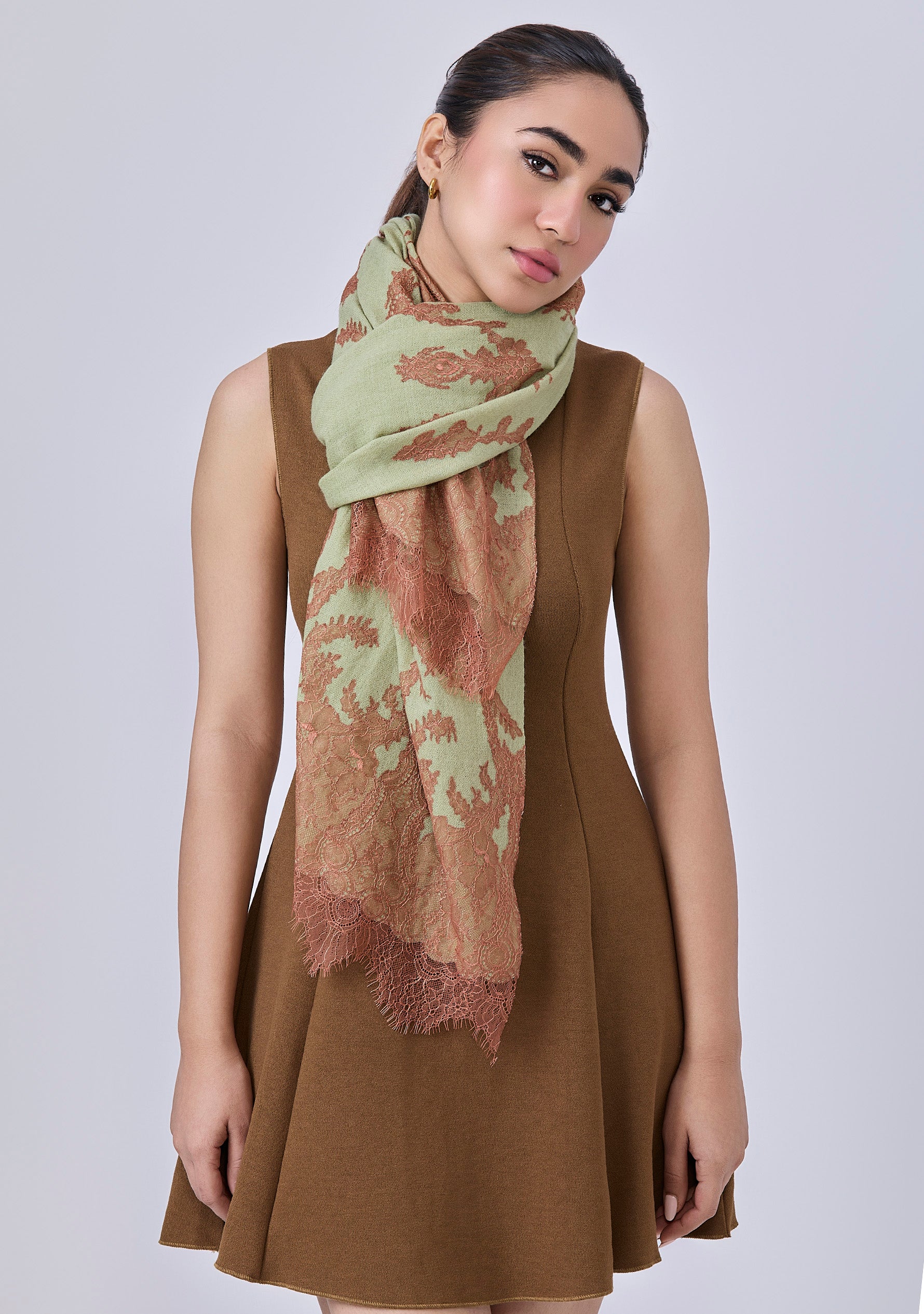 Fern Green Cashmere Scarf Mocha Mousse Lace