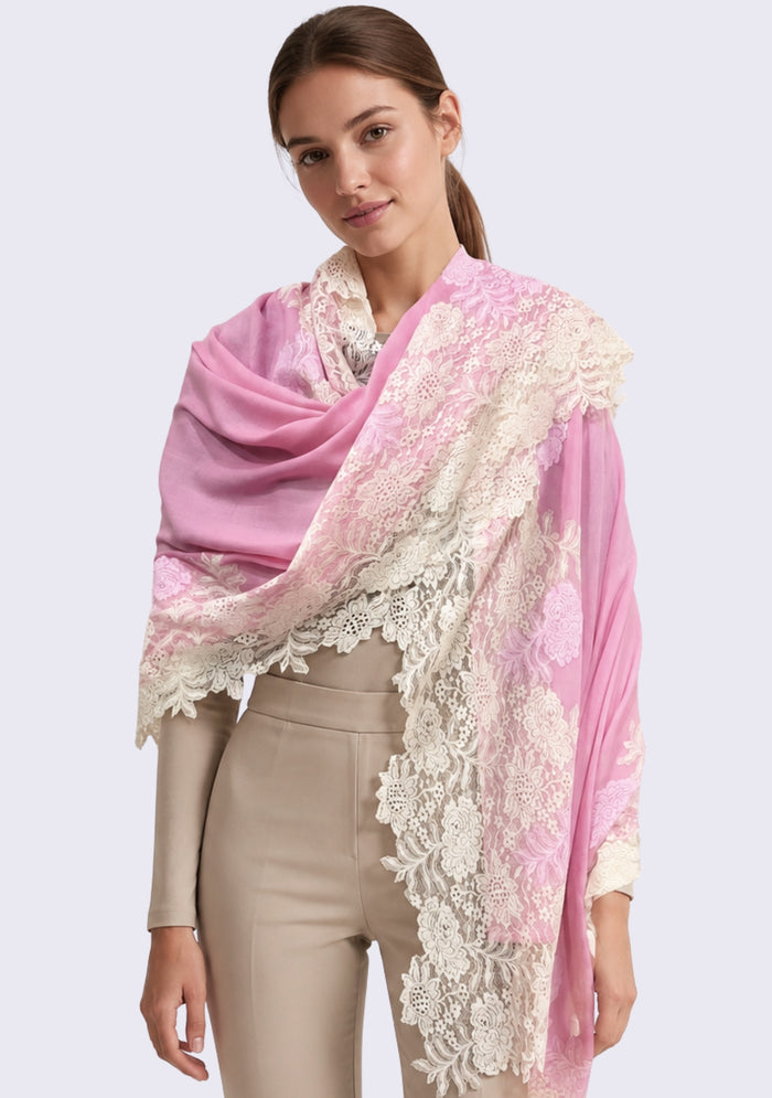 Rose Pink Wool & Silk Scarf Ivory & Soft Pink Color Lace