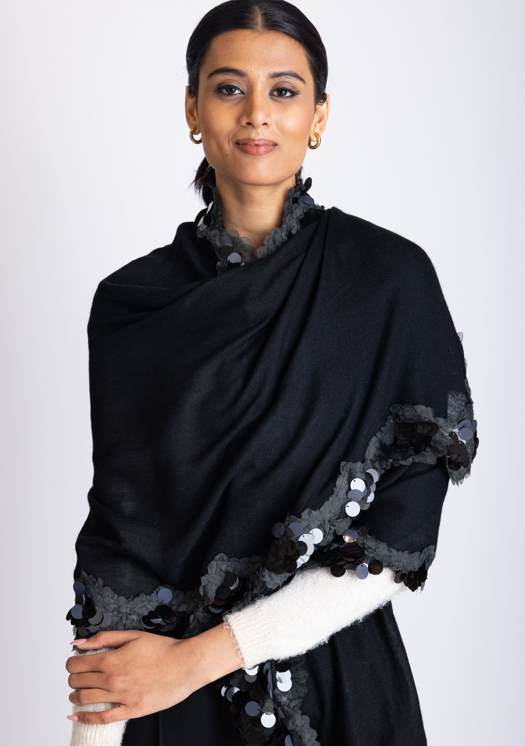 Black Cashmere Scarf with Black Scalloped Sequin and Frill Border