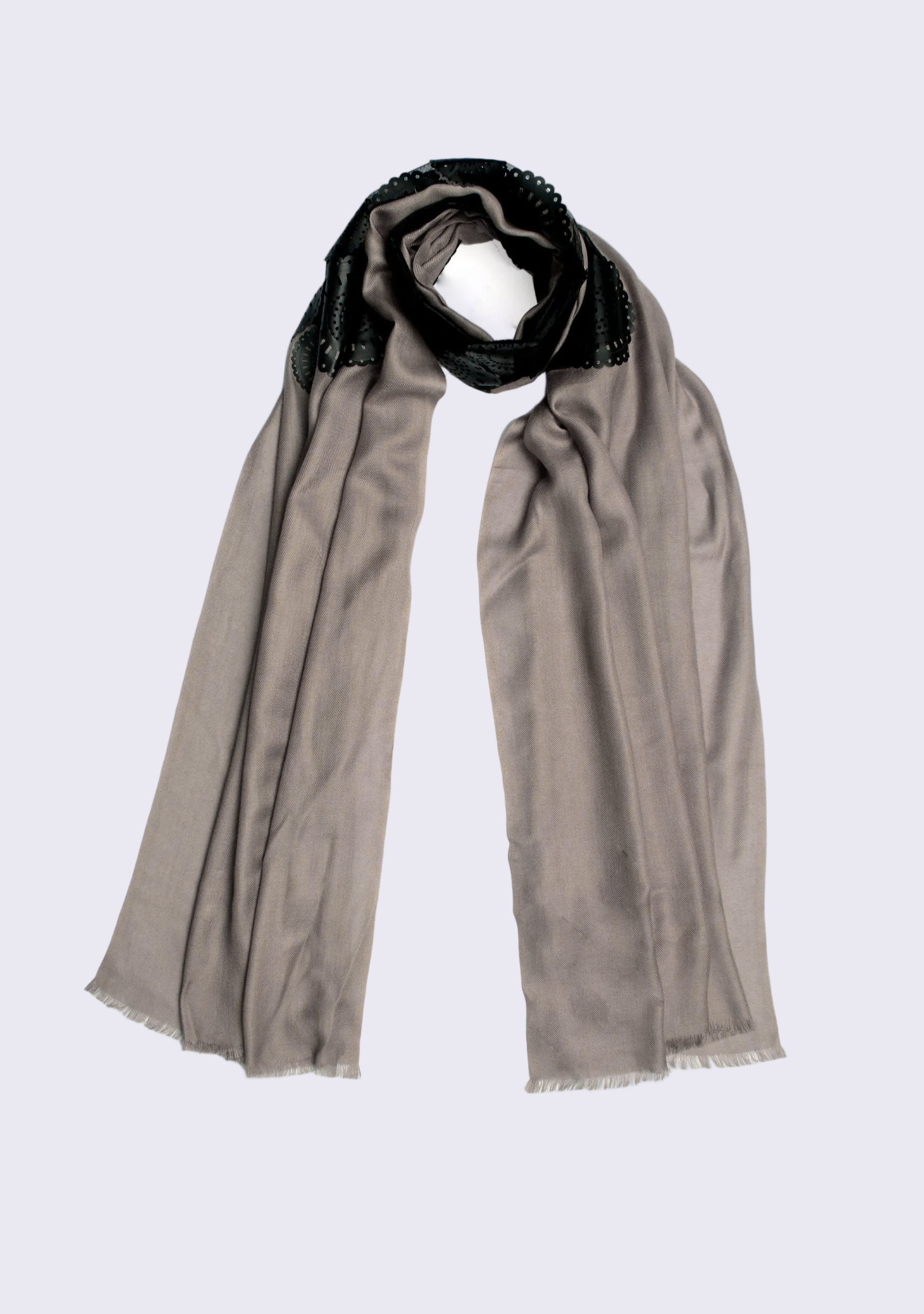 Taupe Modal Scarf Black Faux Leather Applique
