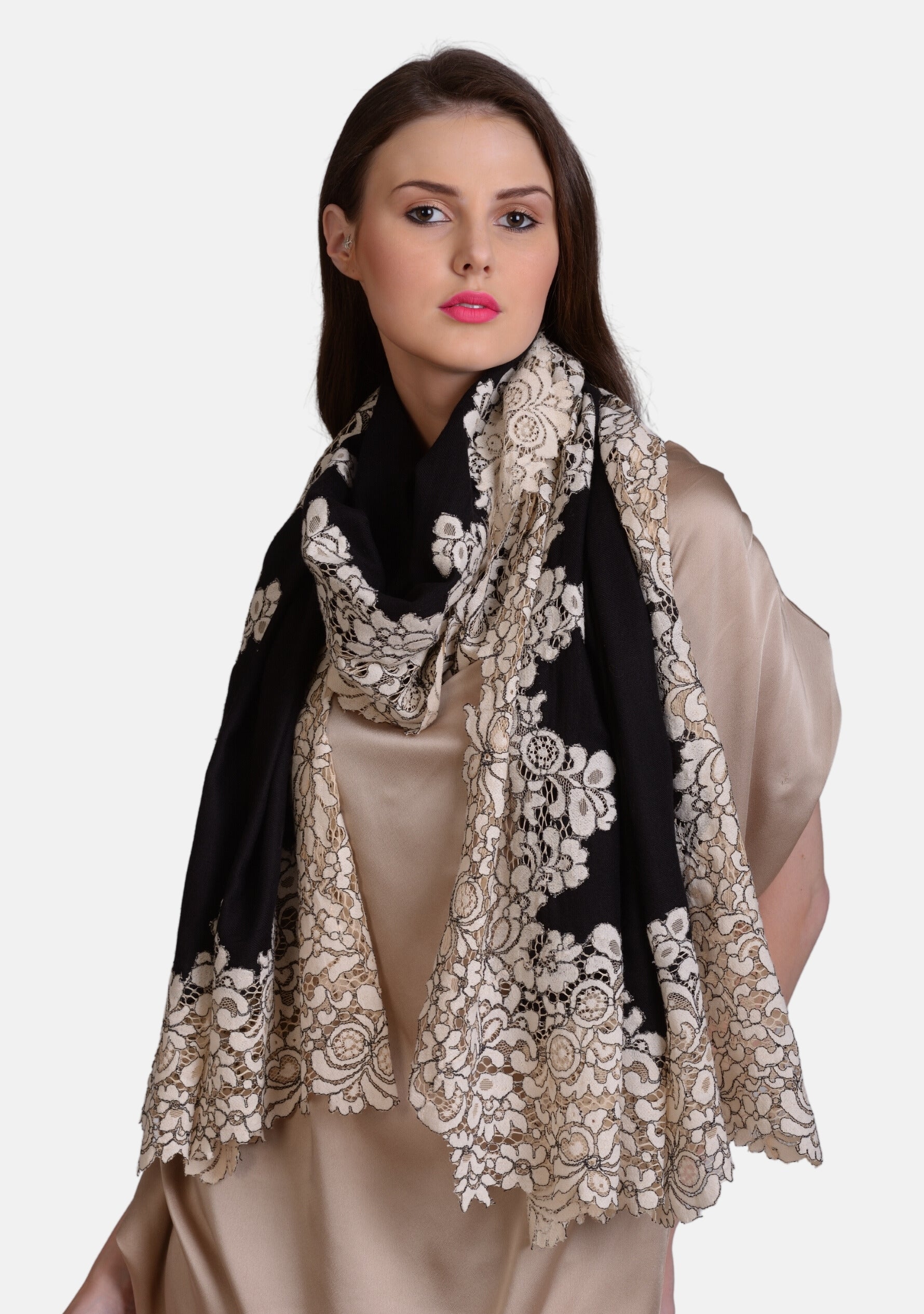 Black Wool & Silk Scarf with Beige Corded Lace Applique Border ...
