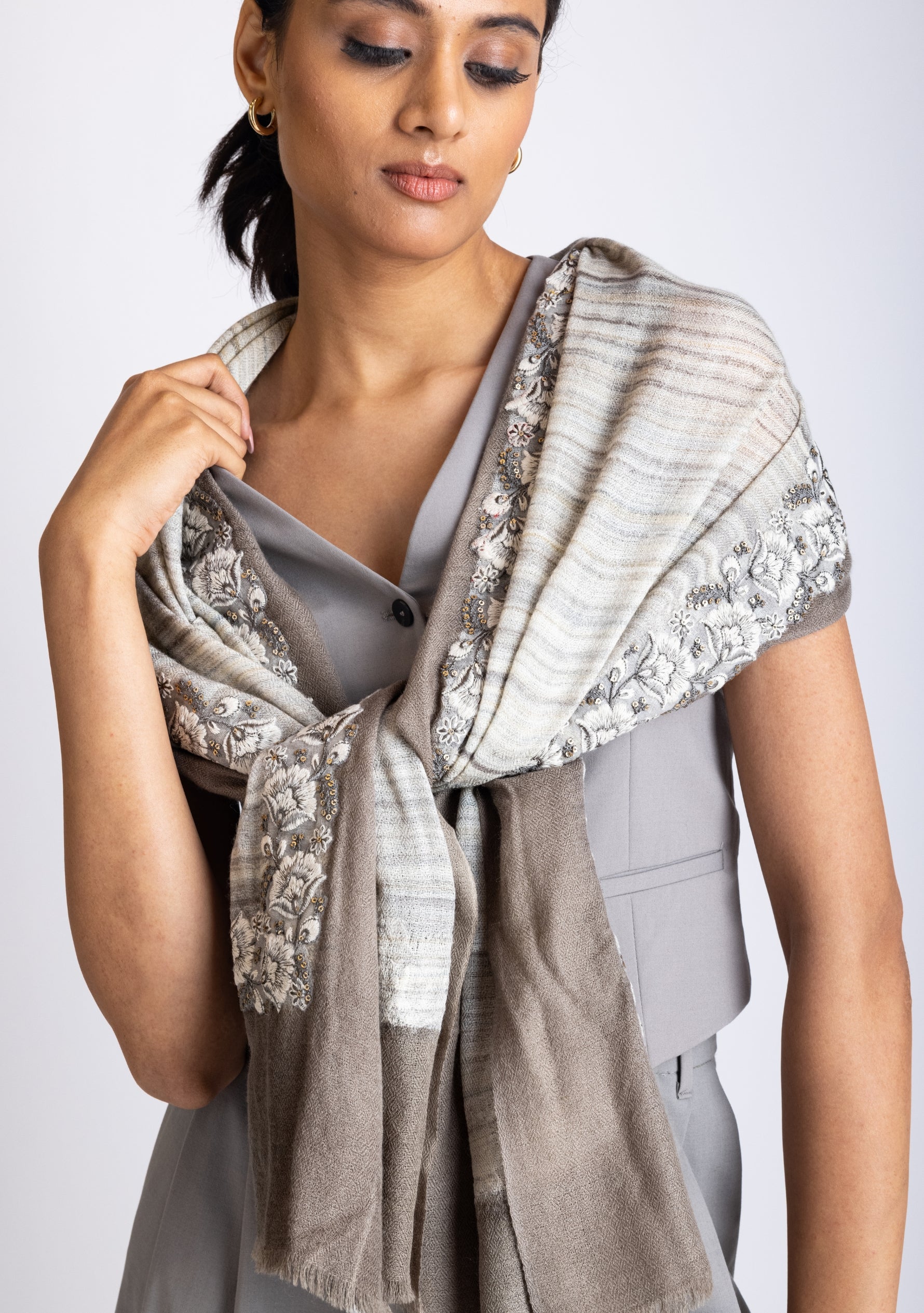 Multi-Striped Wool and Silk Scarf with an Ivory-Grey Embroidery and Grey Frame Border