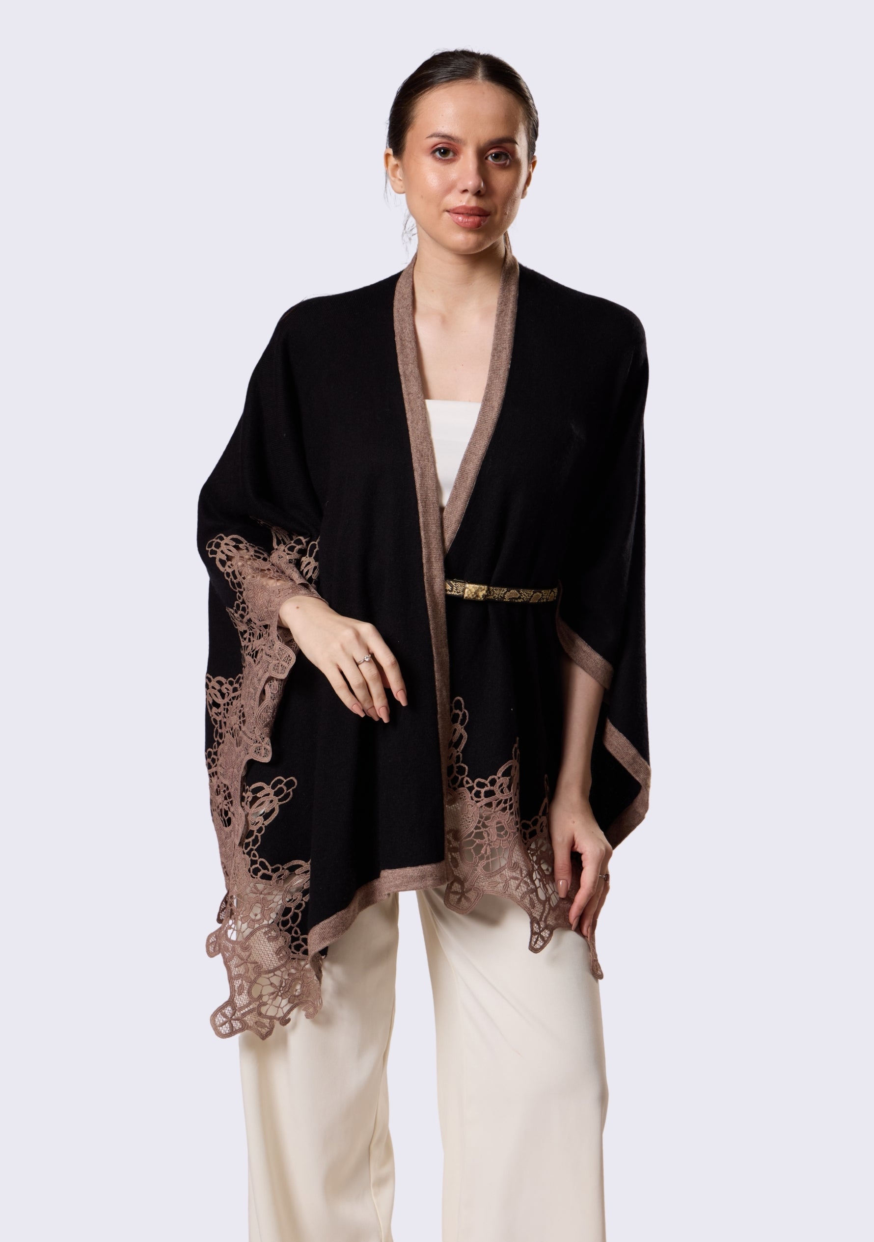 Black Wool Cape  Taupe Lace