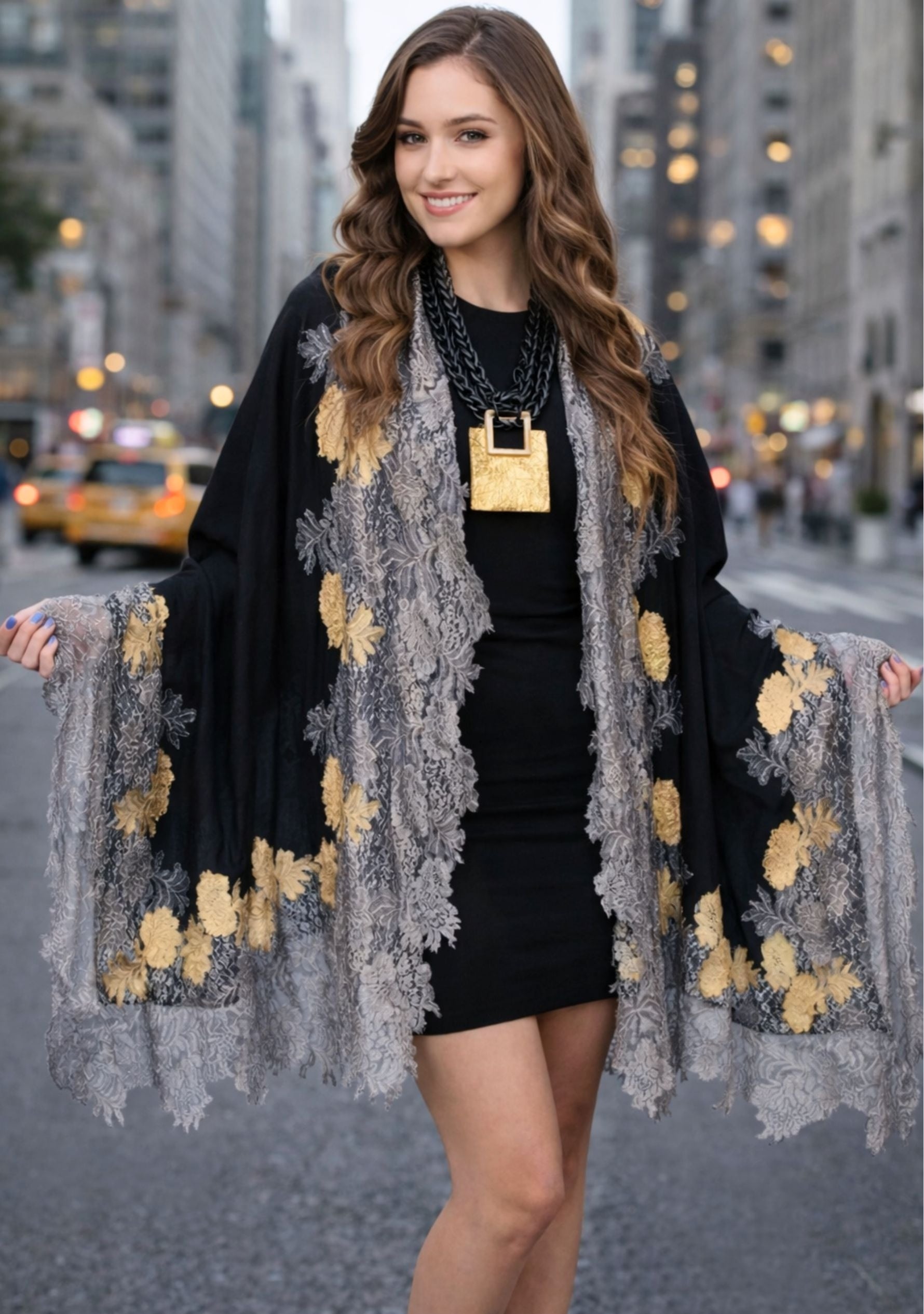 Black Wool & Silk Scarf  and Square Gold Resin Pendant Necklace