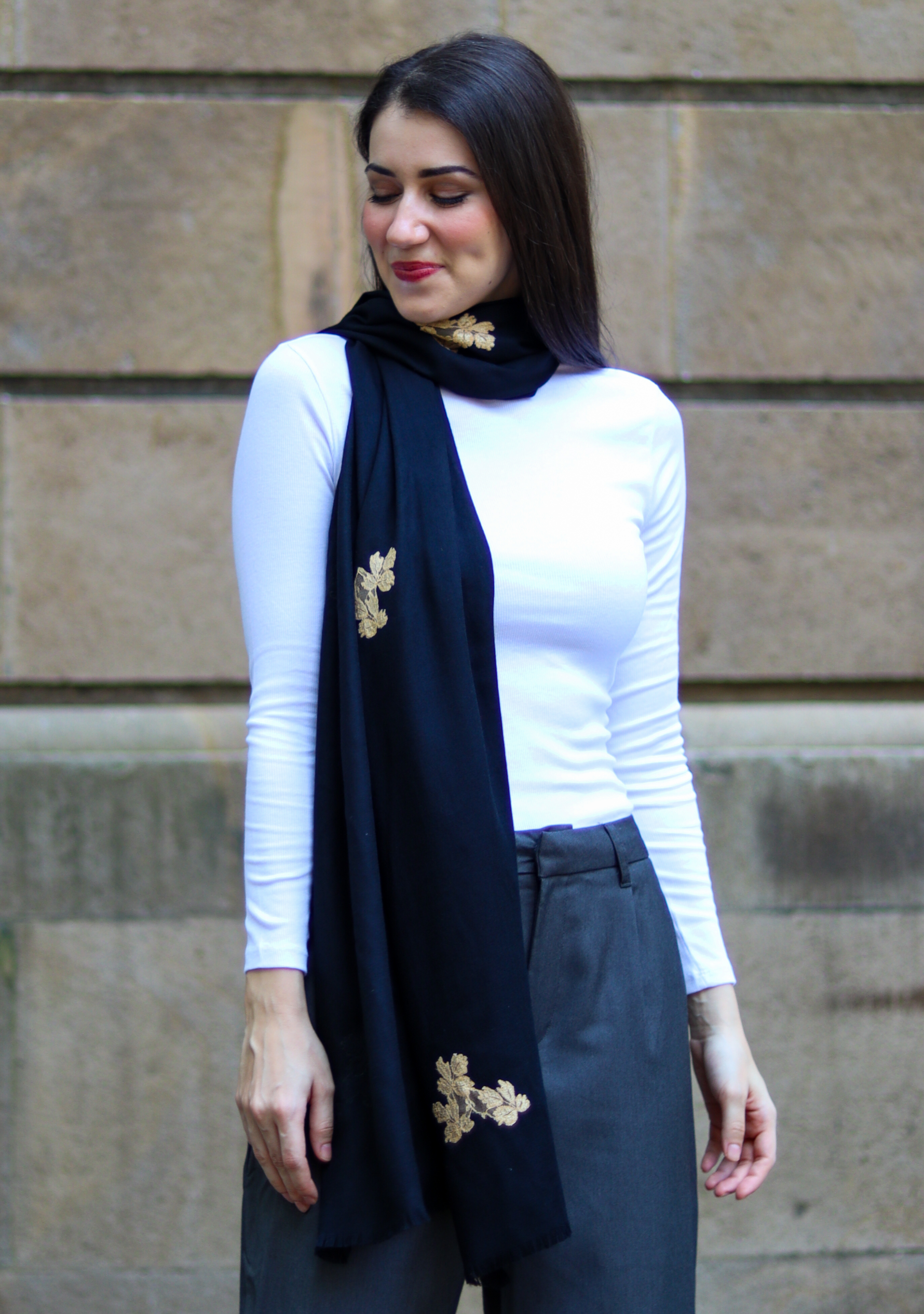 Black Wool Scarf with Gold Leaf Lace Appliques