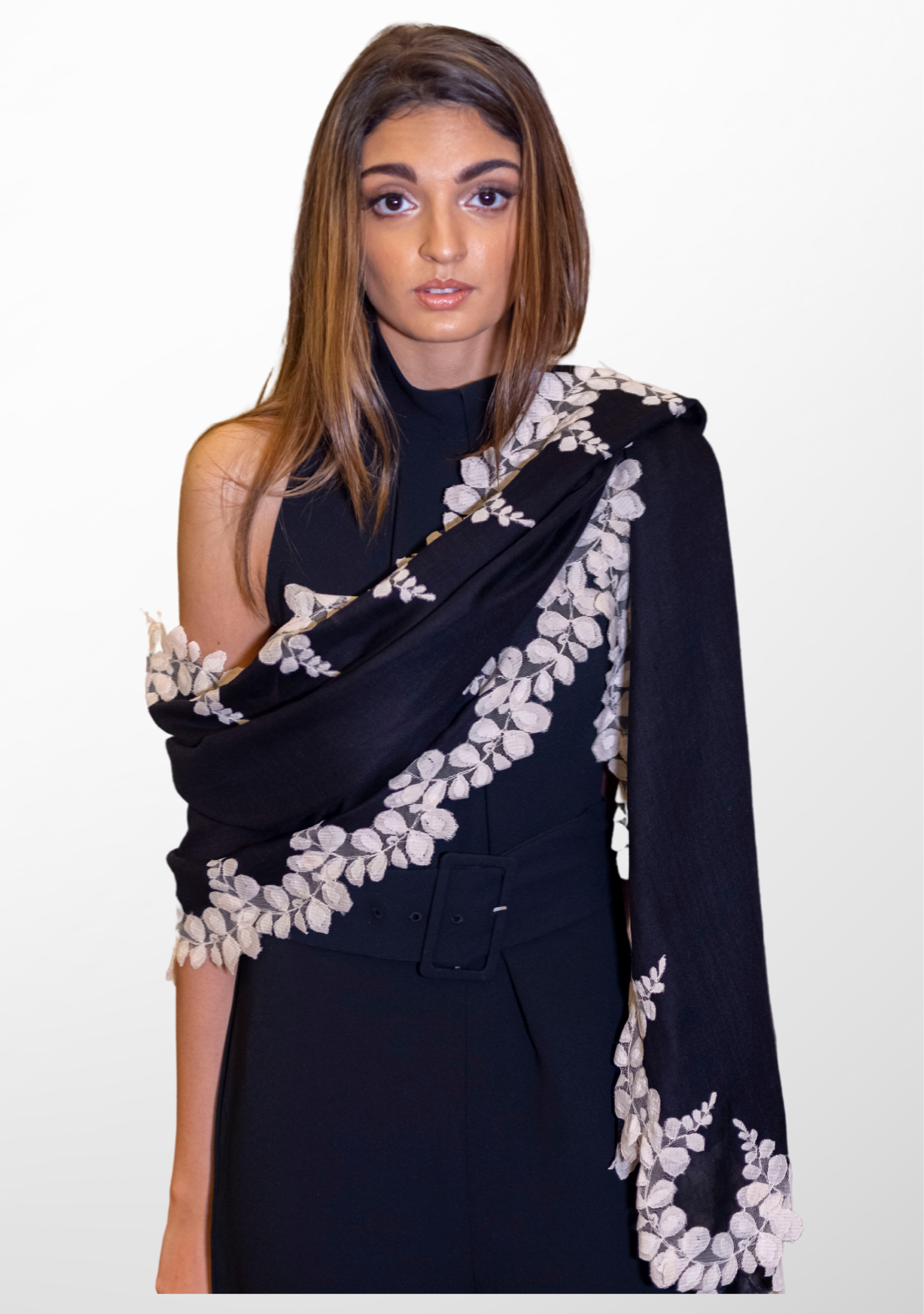 Black Silk and Wool Scarf with a Beige Scalloped Lace Border