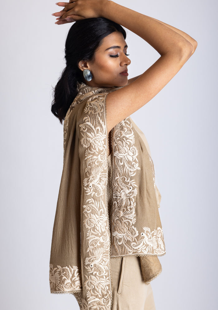 Natural Cashmere Scarf Beige Embroidery & Natural Lace