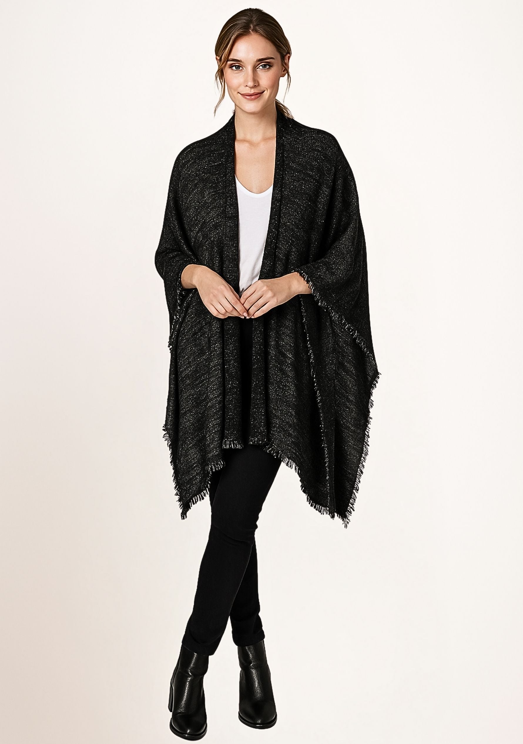 Black Knitted Fine Wool & Cashmere Wrap Silver Lurex