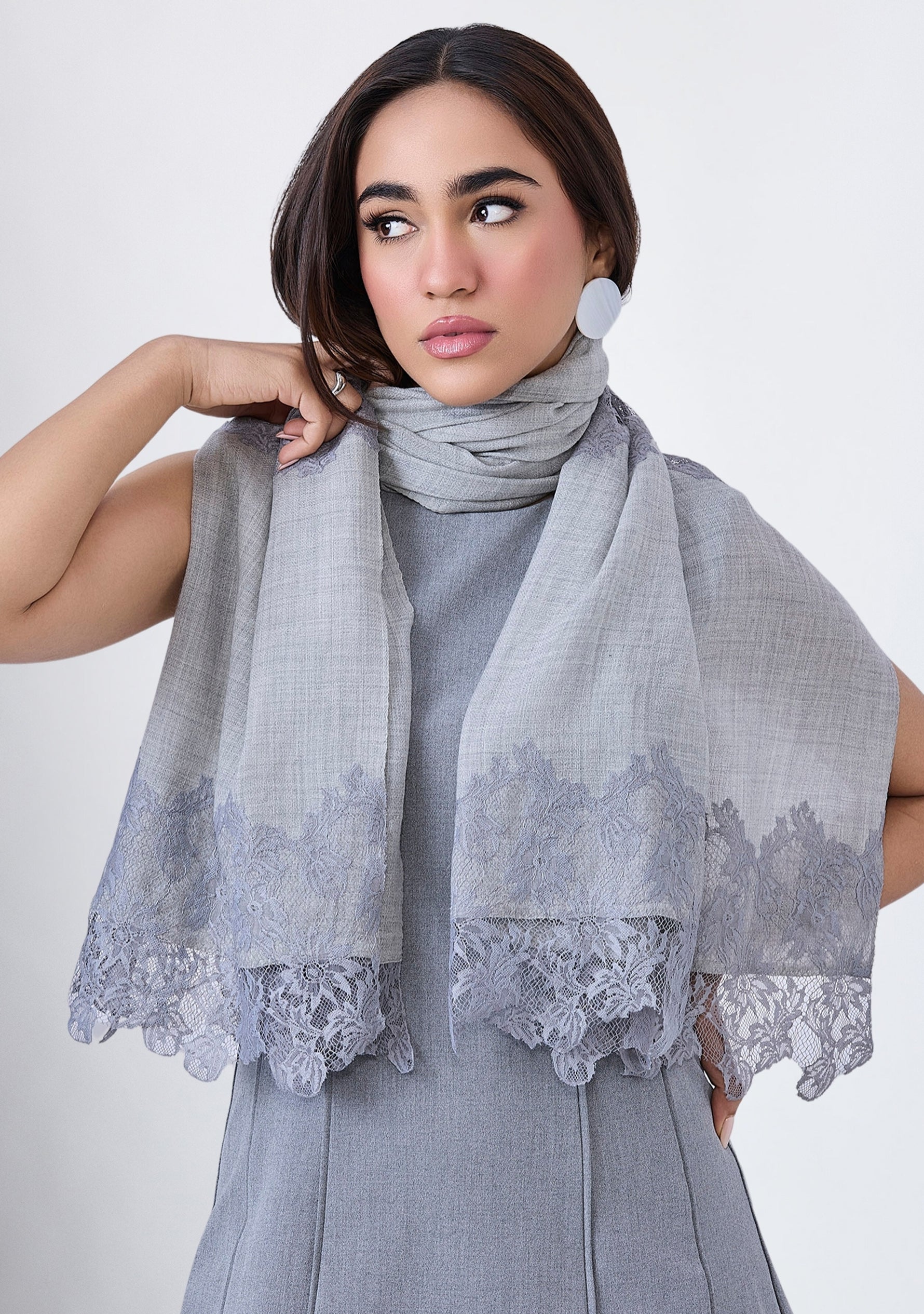 Lt. Grey Melange Wool and Silk Scarf with Dk. Grey Floral Lace Panels