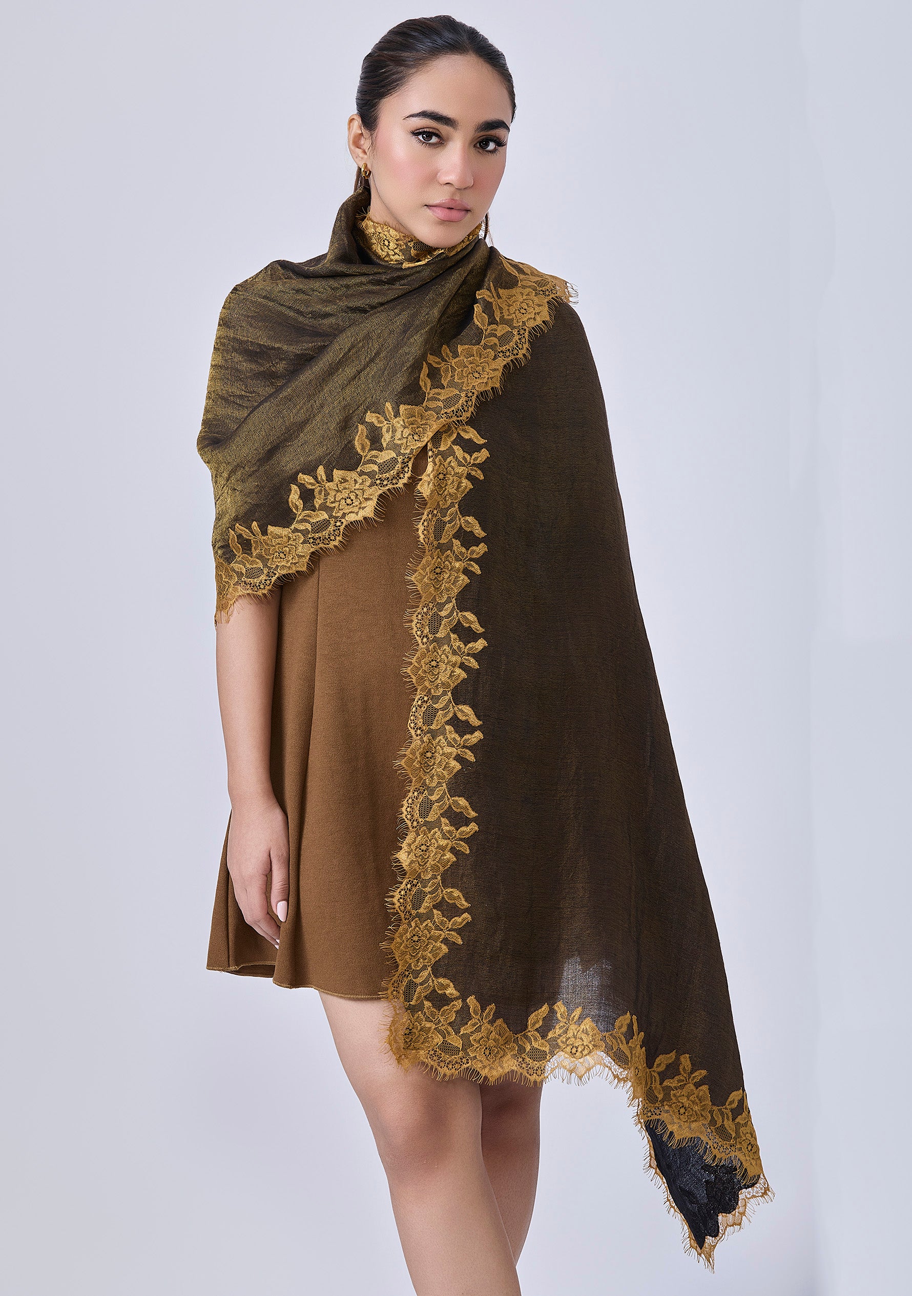 Black - Gold Wool & Silk Reversible Scarf Lt. Gold Lace