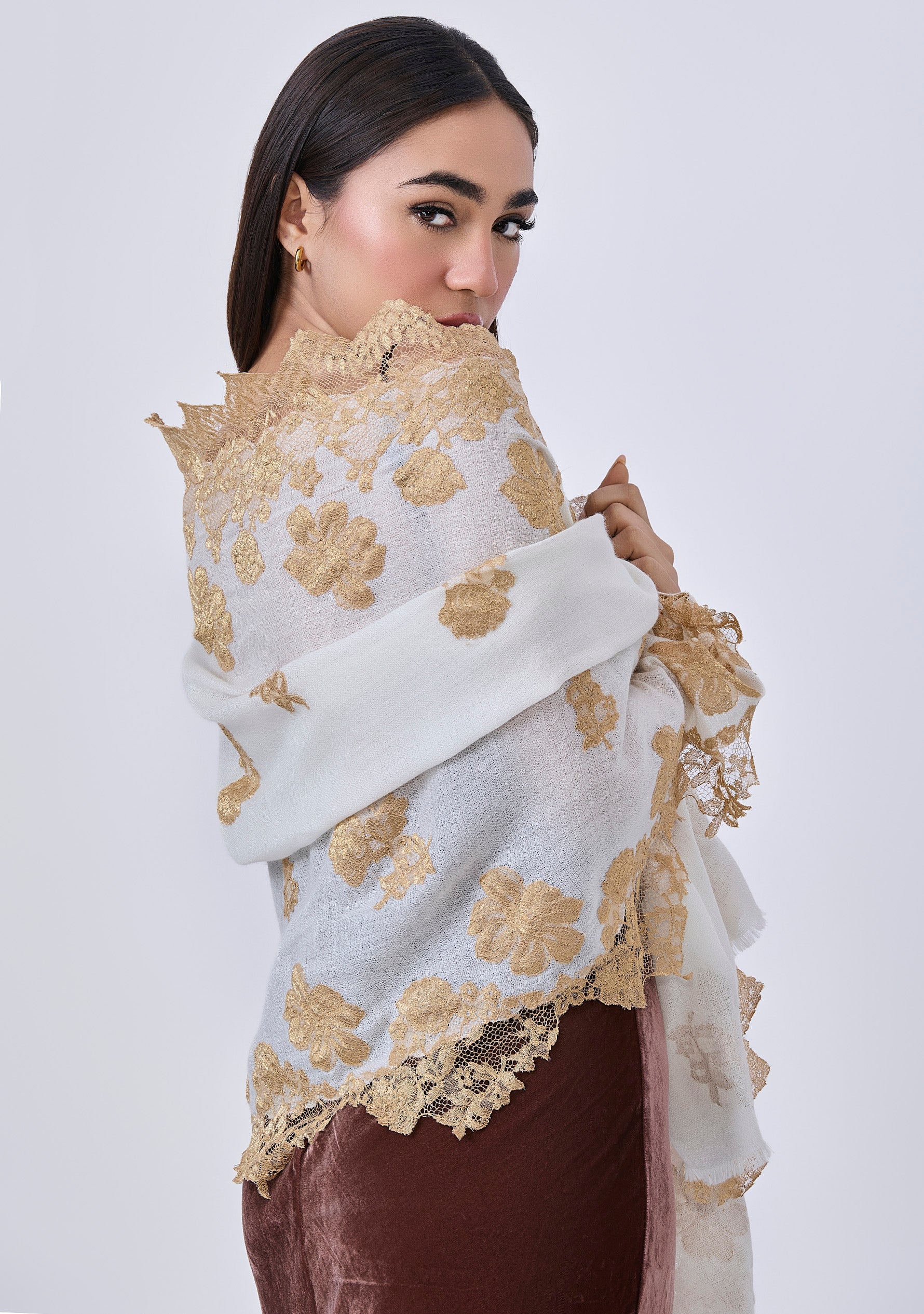 Ivory Cashmere Scarf Gold Lace