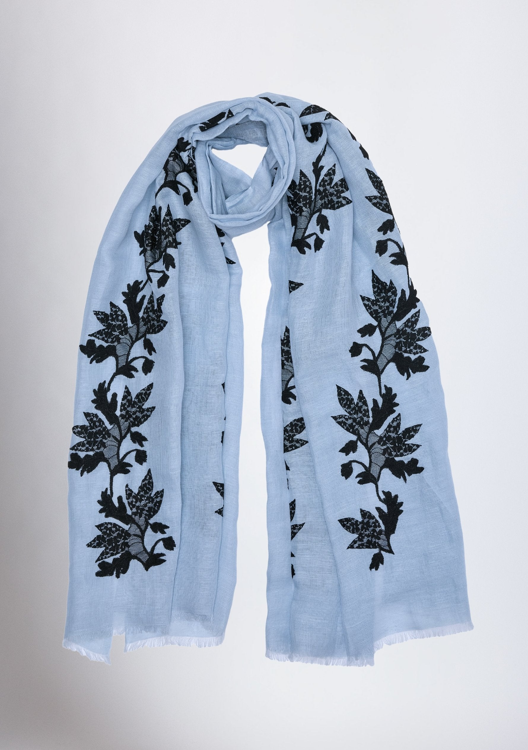 Powder Blue Linen & Modal Scarf Black Lace