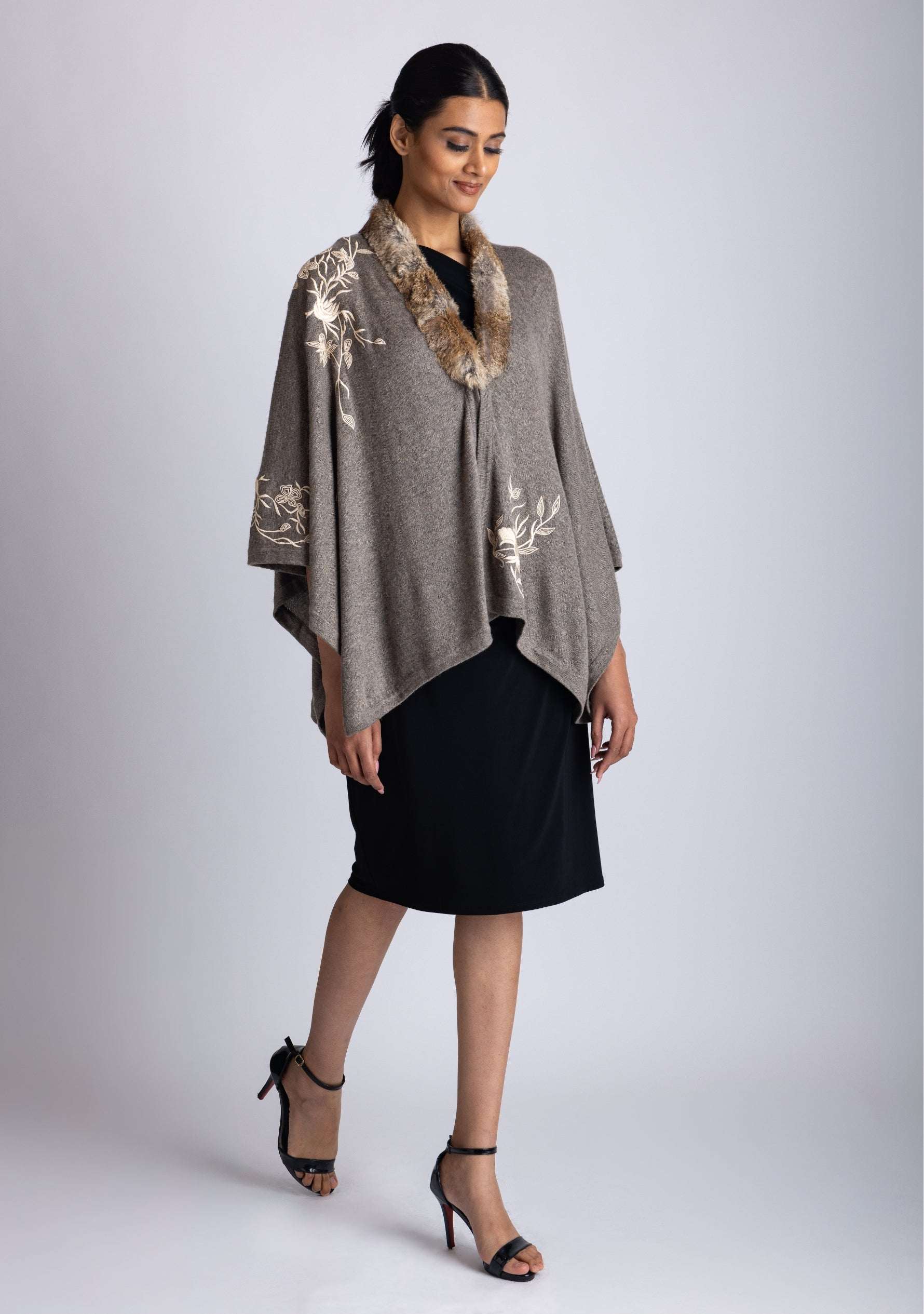 Khaki Melange Wool Cape Beige Embroidery & Natural Fur